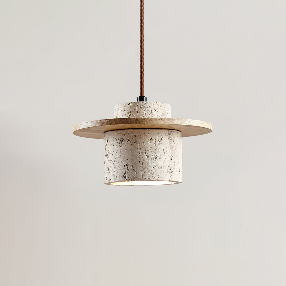 Pendant Lamp Travertine Cylinder Walnut Wood Disc Artisanal - Neutralighting