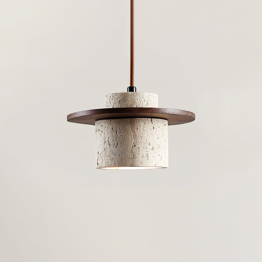 Pendant Lamp Travertine Cylinder Walnut Wood Disc Artisanal - Neutralighting