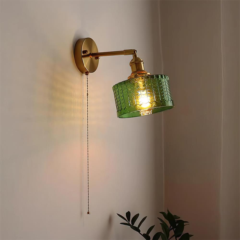Wall Lamp Brass with Green/Clear Glass Shade and Pull Chain - Neutralighting