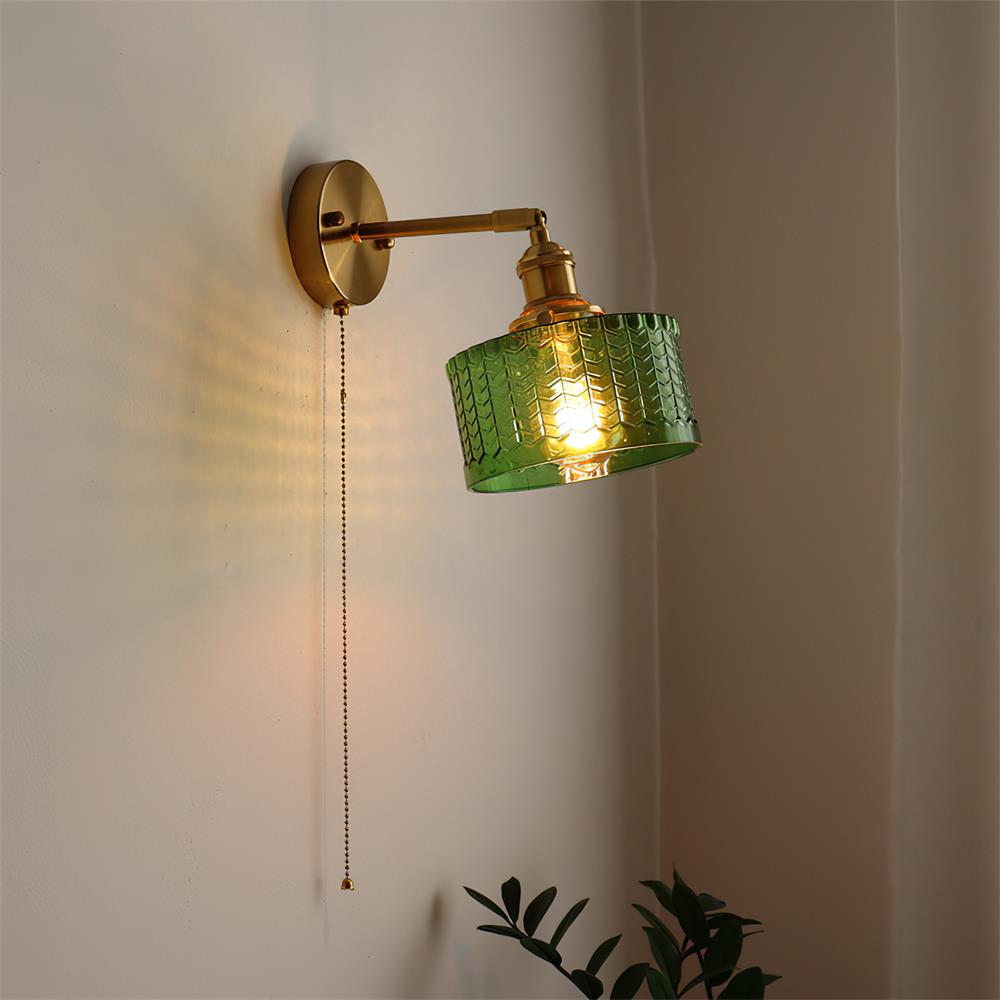 Wall Lamp Brass with Green/Clear Glass Shade and Pull Chain - Neutralighting