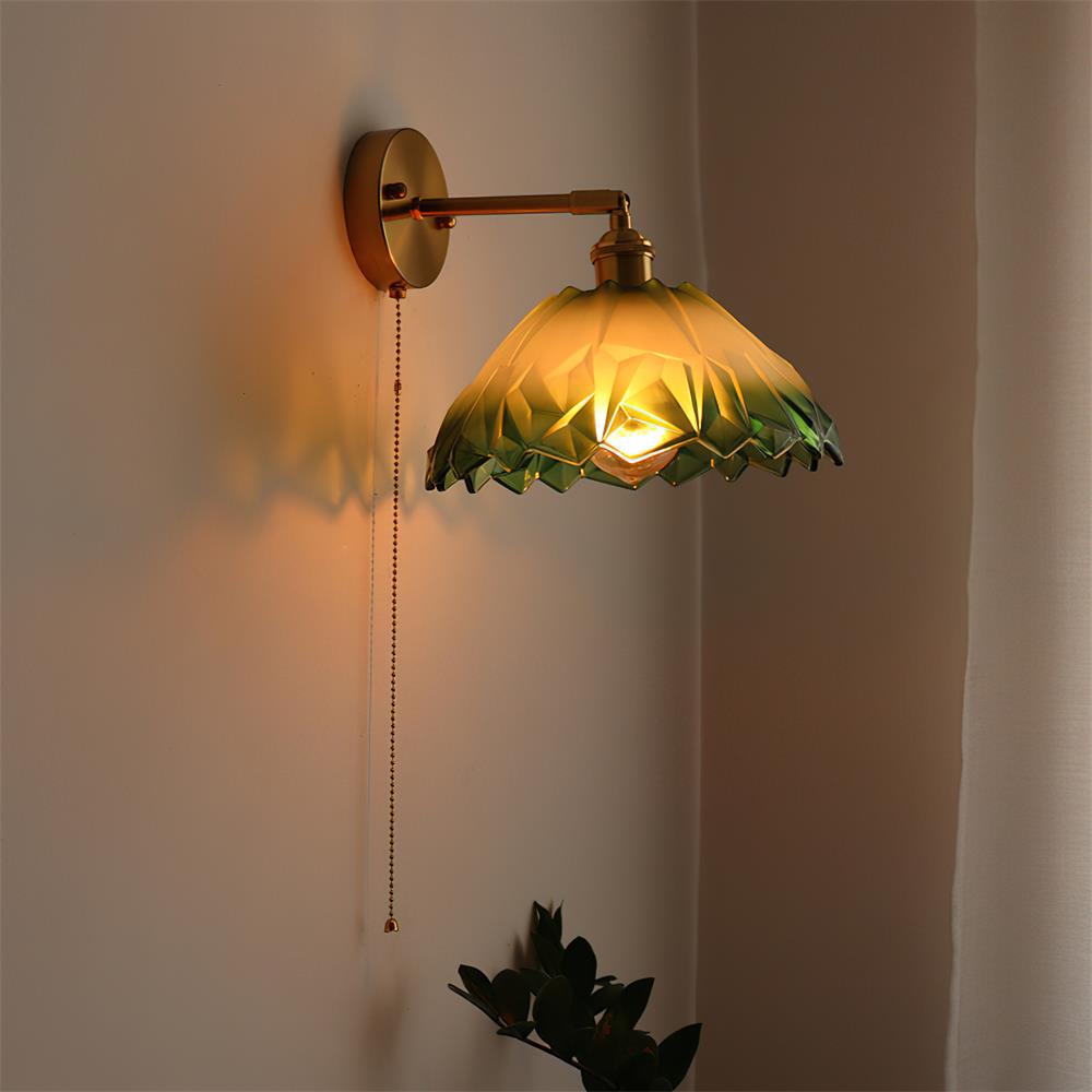Wall Lamp Brass with Green/Clear Glass Shade and Pull Chain - Neutralighting