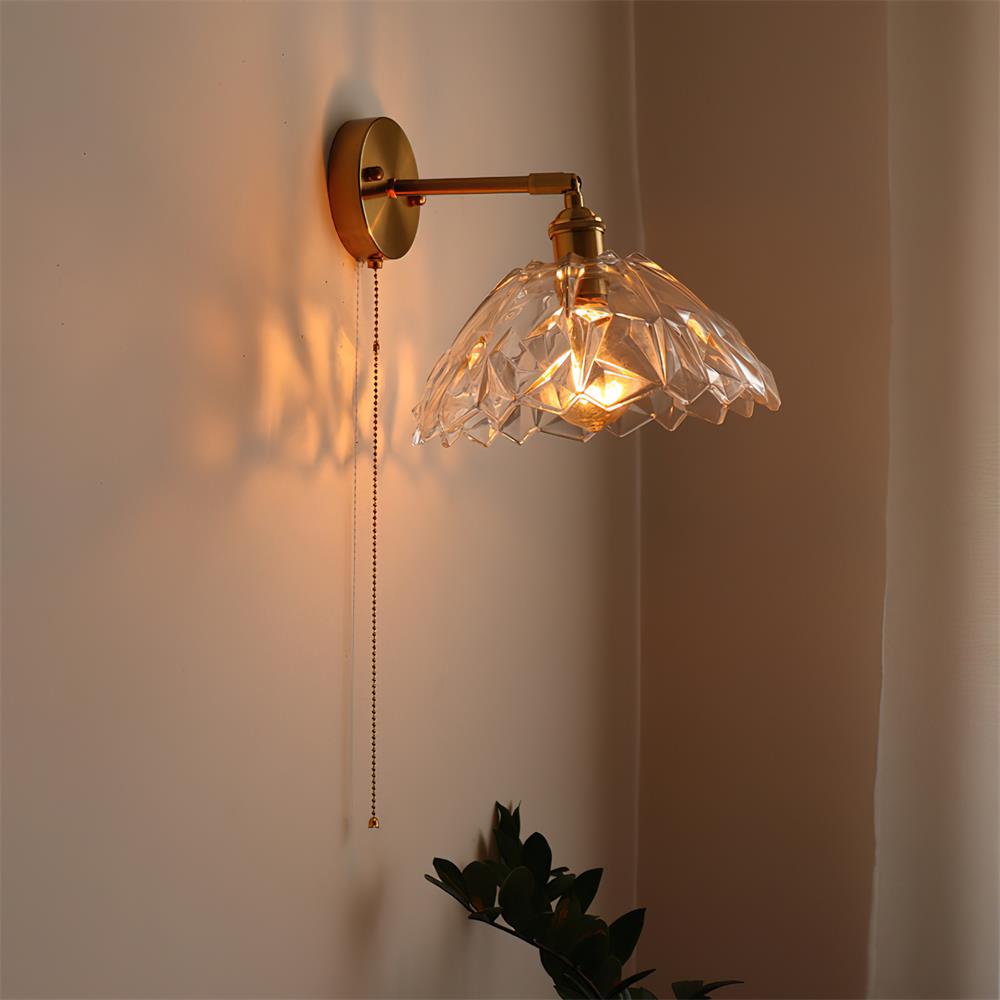 Wall Lamp Brass with Green/Clear Glass Shade and Pull Chain - Neutralighting