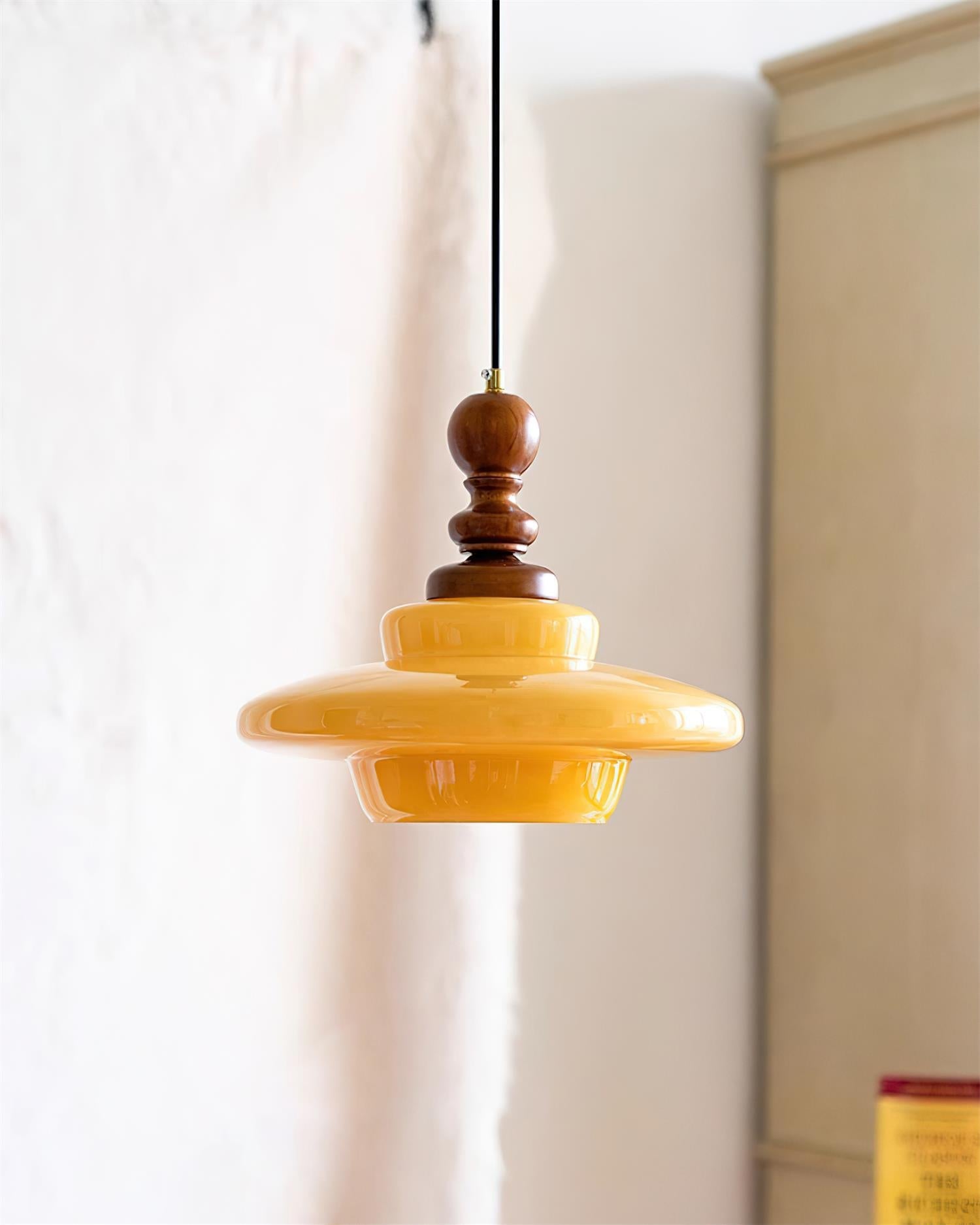Pendant Lamp Yellow Glass with Walnut Wood Accent Retro - Neutralighting