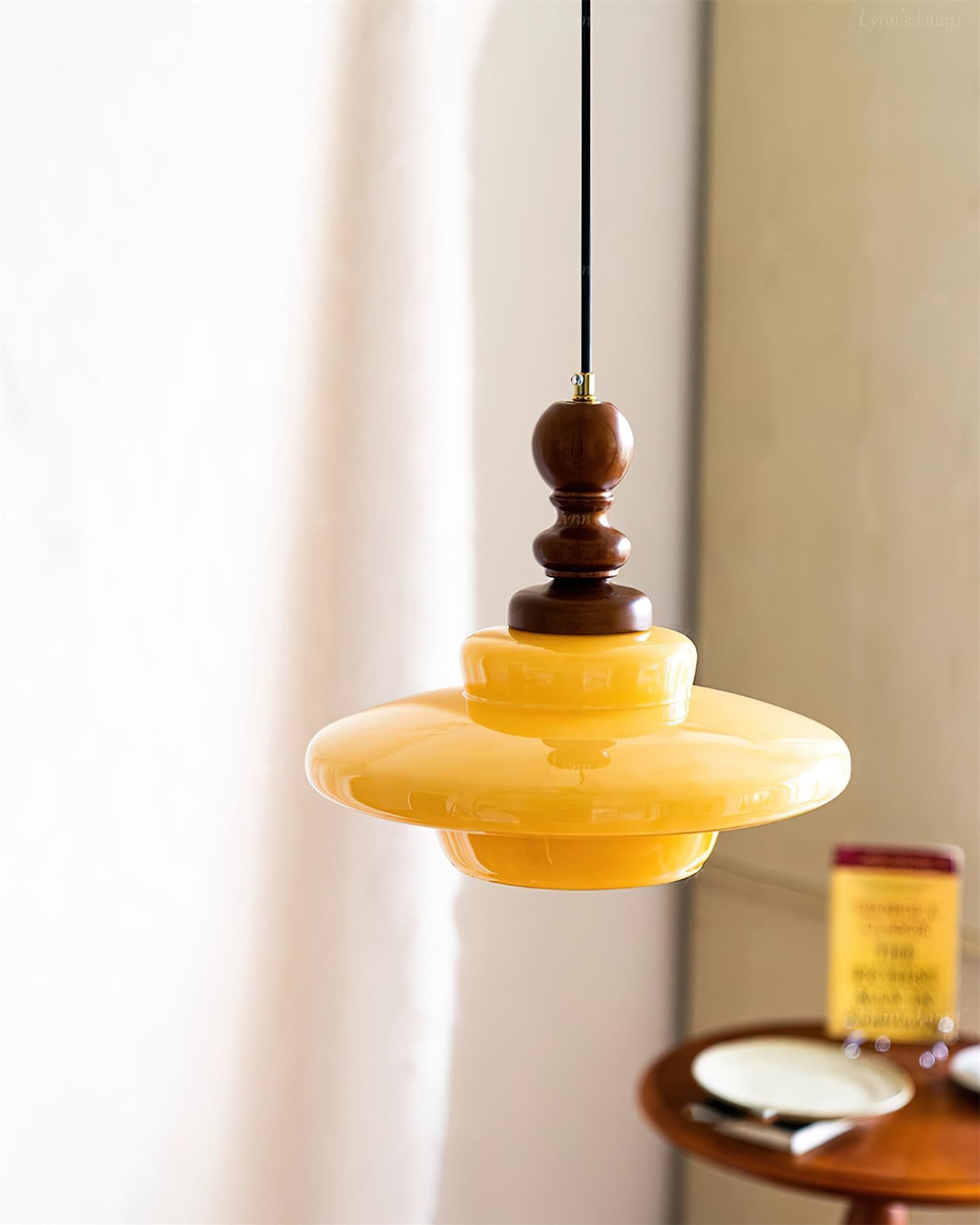 Pendant Lamp Yellow Glass with Walnut Wood Accent Retro - Neutralighting