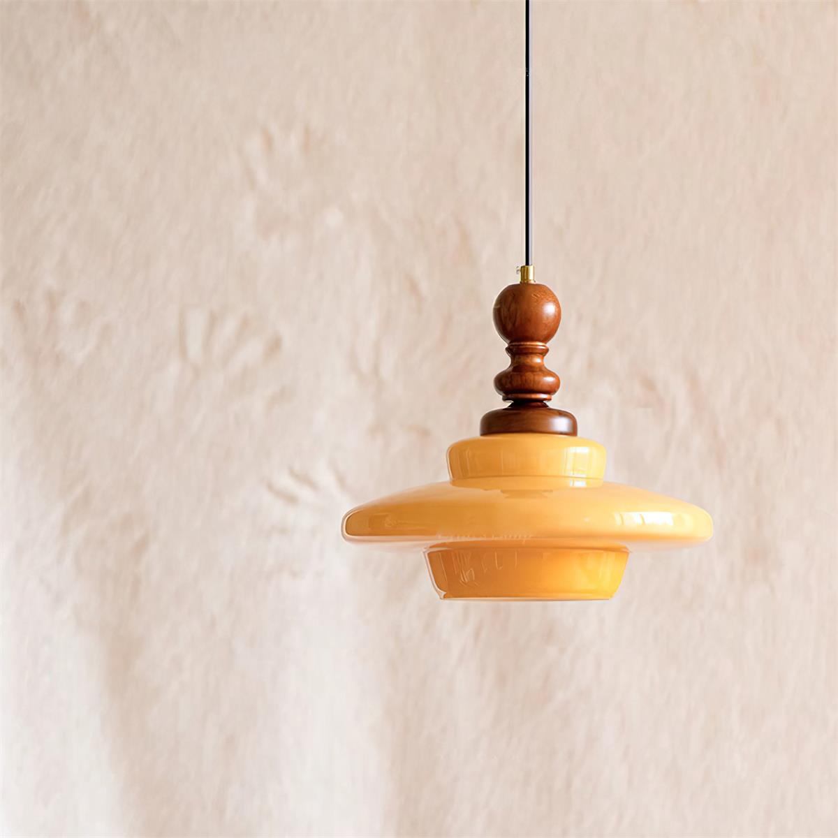 Pendant Lamp Yellow Glass with Walnut Wood Accent Retro - Neutralighting