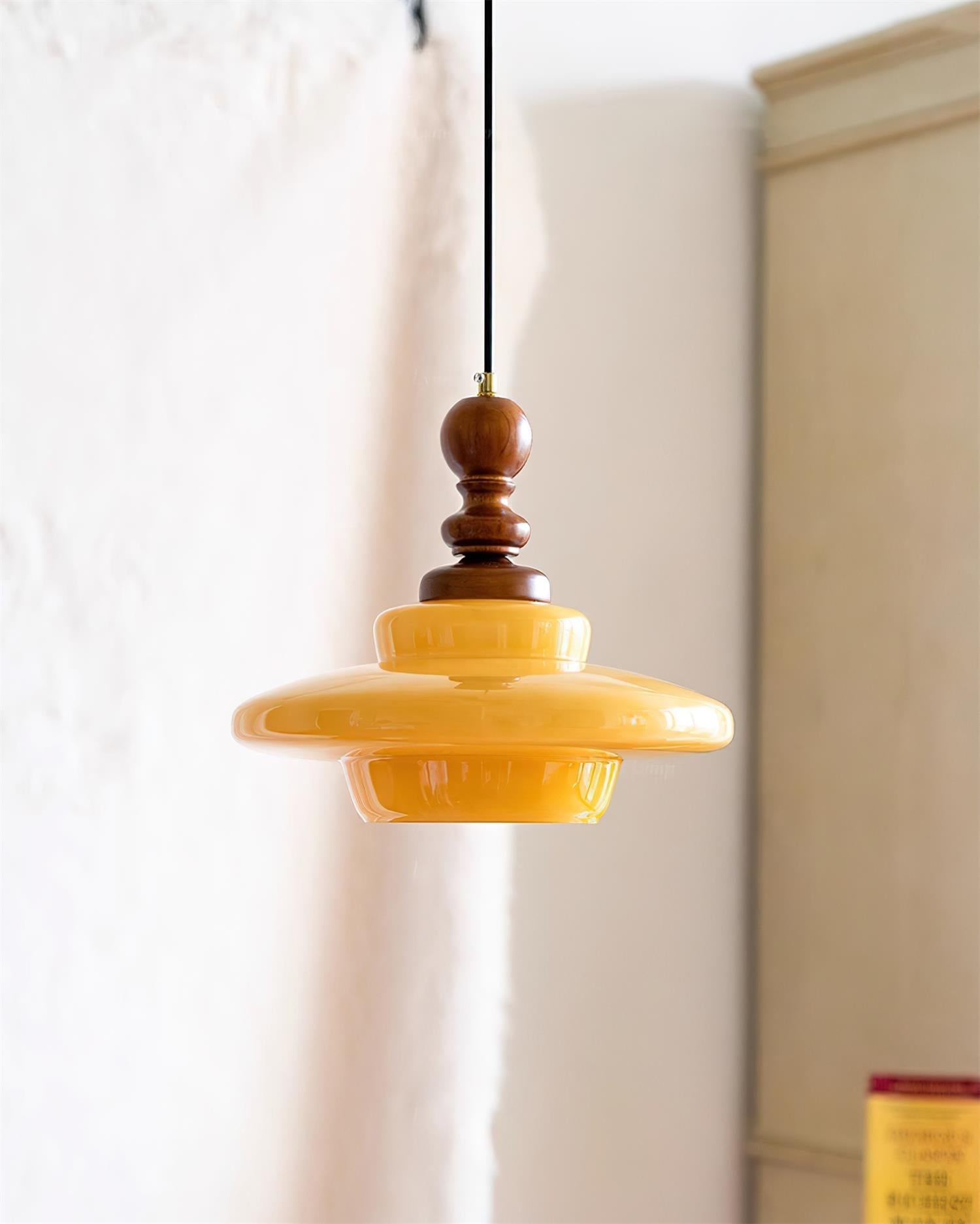 Pendant Lamp Yellow Glass with Walnut Wood Accent Retro - Neutralighting