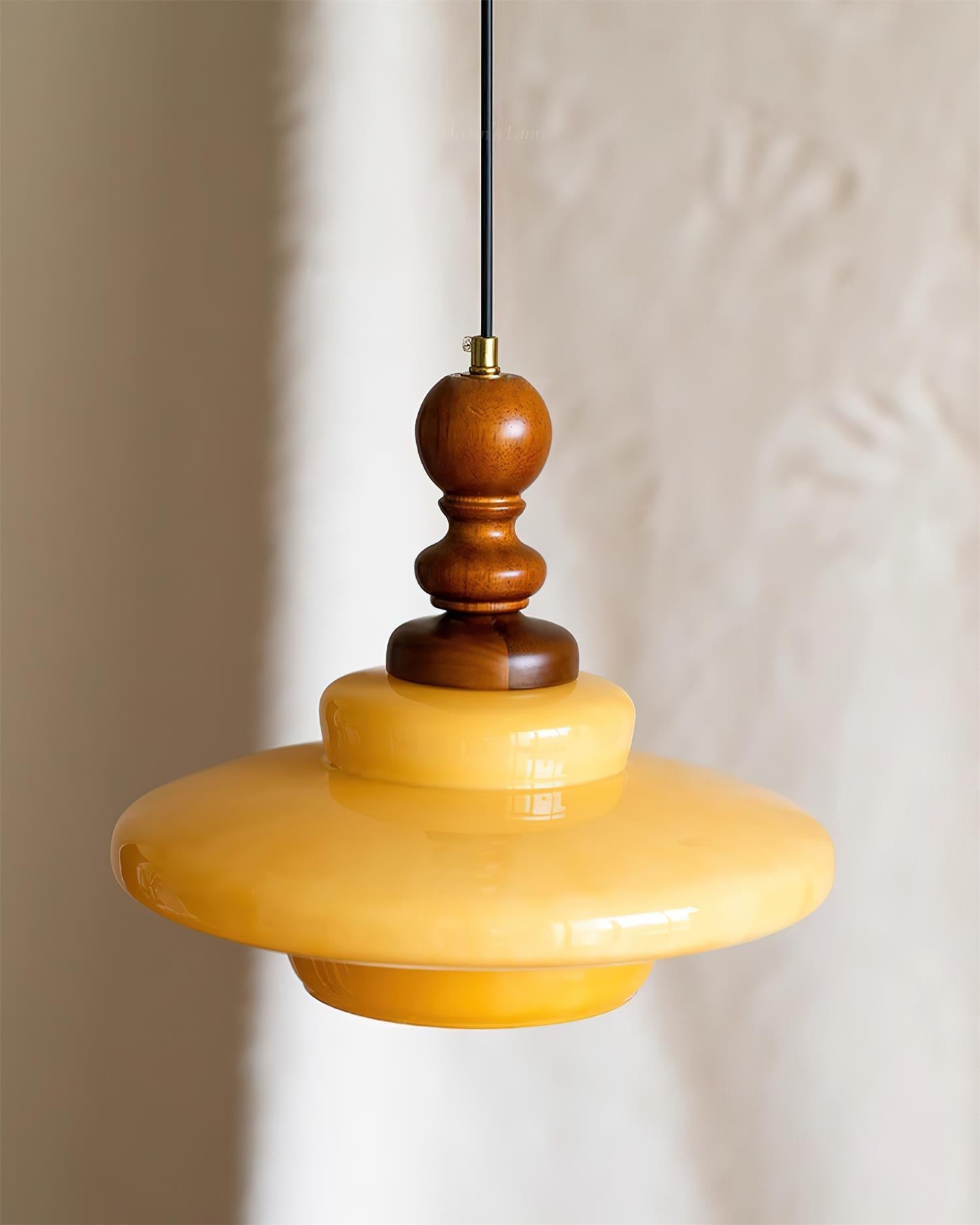 Pendant Lamp Yellow Glass with Walnut Wood Accent Retro - Neutralighting