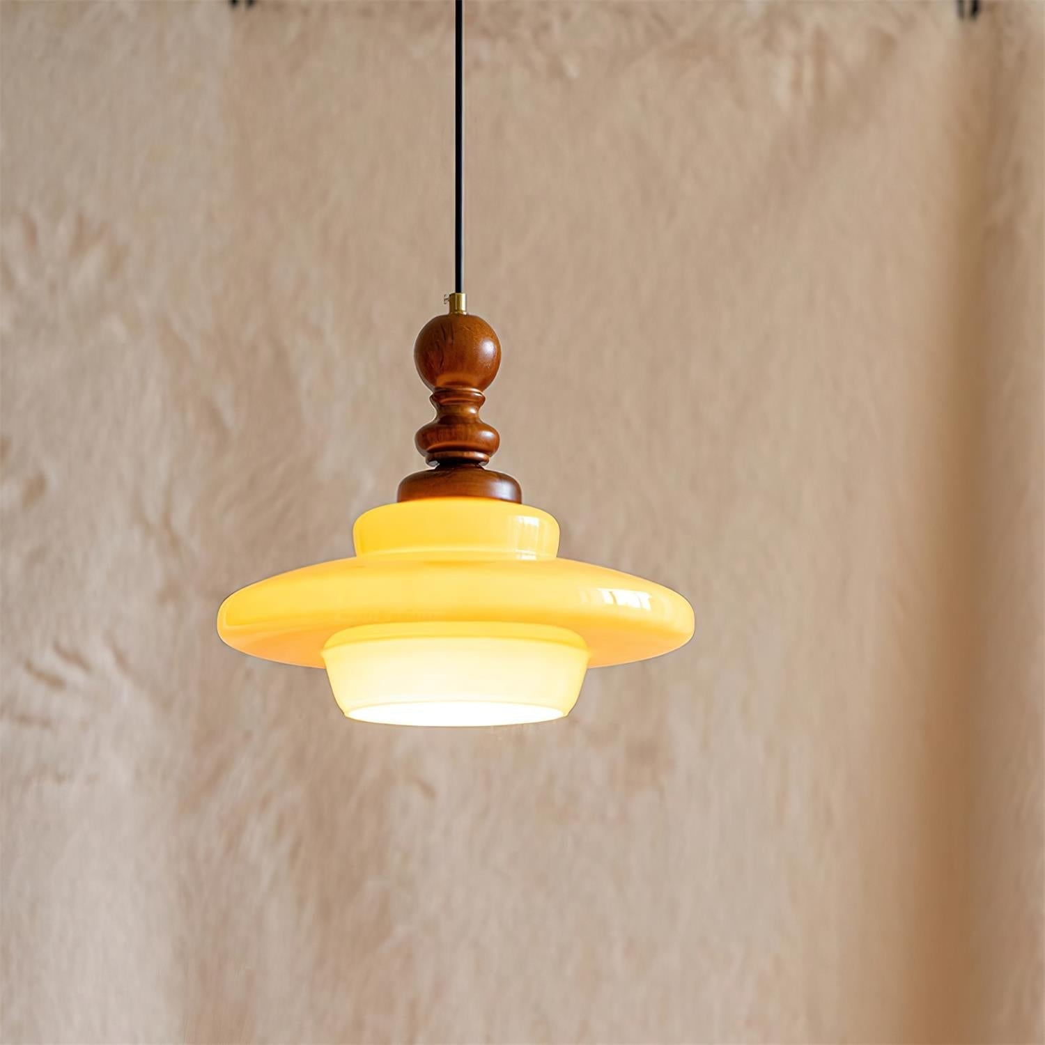 Pendant Lamp Yellow Glass with Walnut Wood Accent Retro - Neutralighting