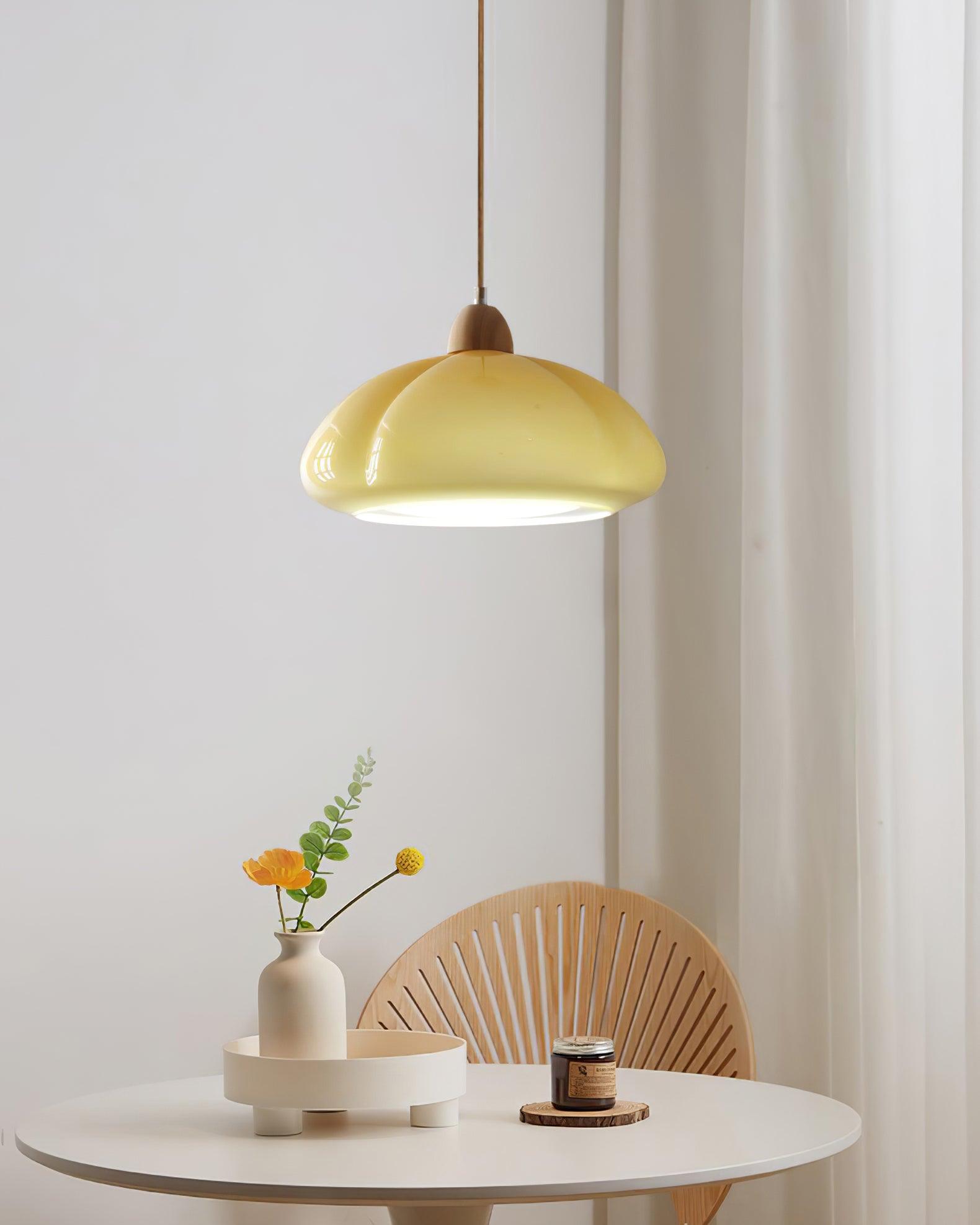 Pendant Lamp Rounded Glass Shade Wood Accent Playful Modern Touch - Neutralighting