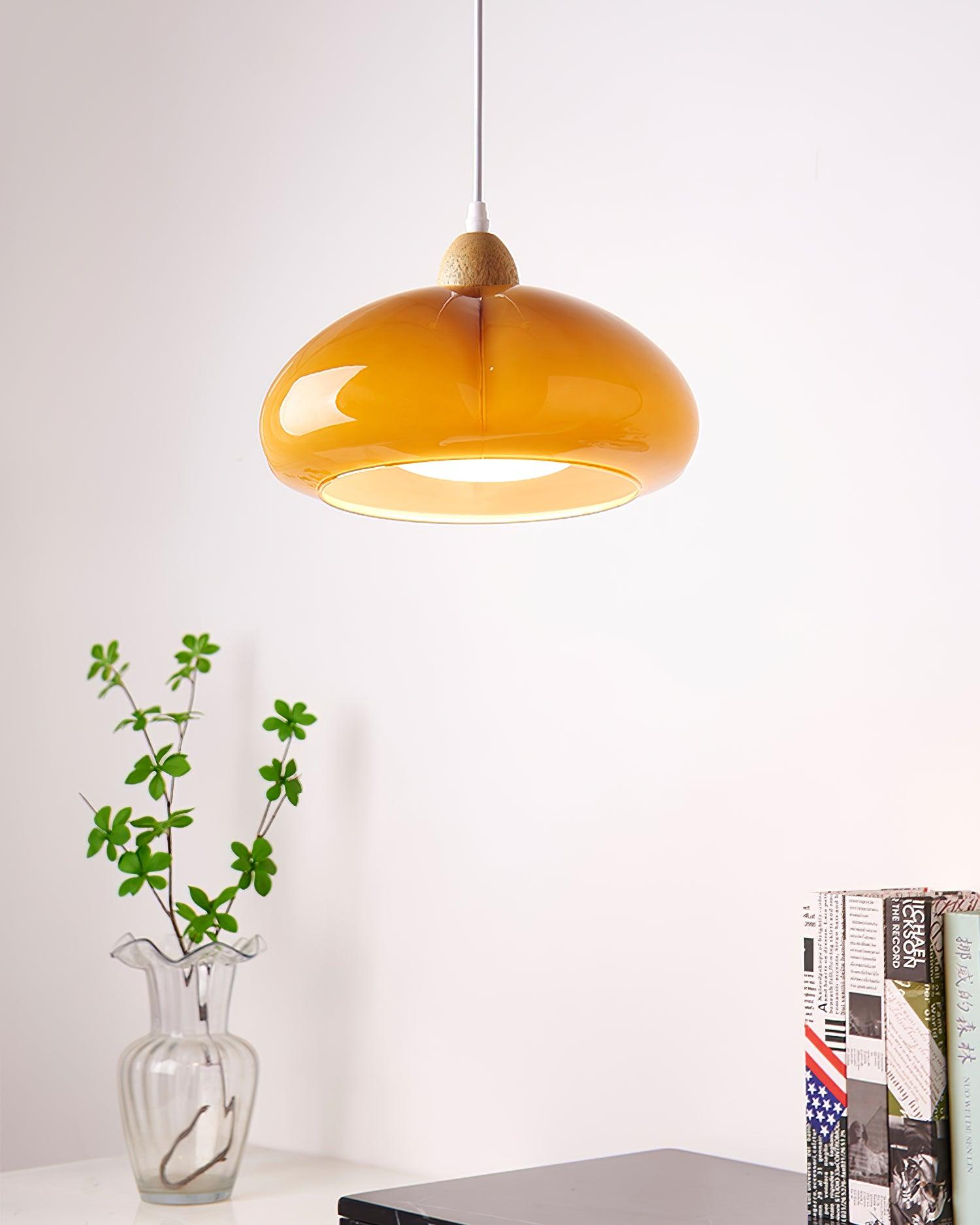 Pendant Lamp Rounded Glass Shade Wood Accent Playful Modern Touch - Neutralighting