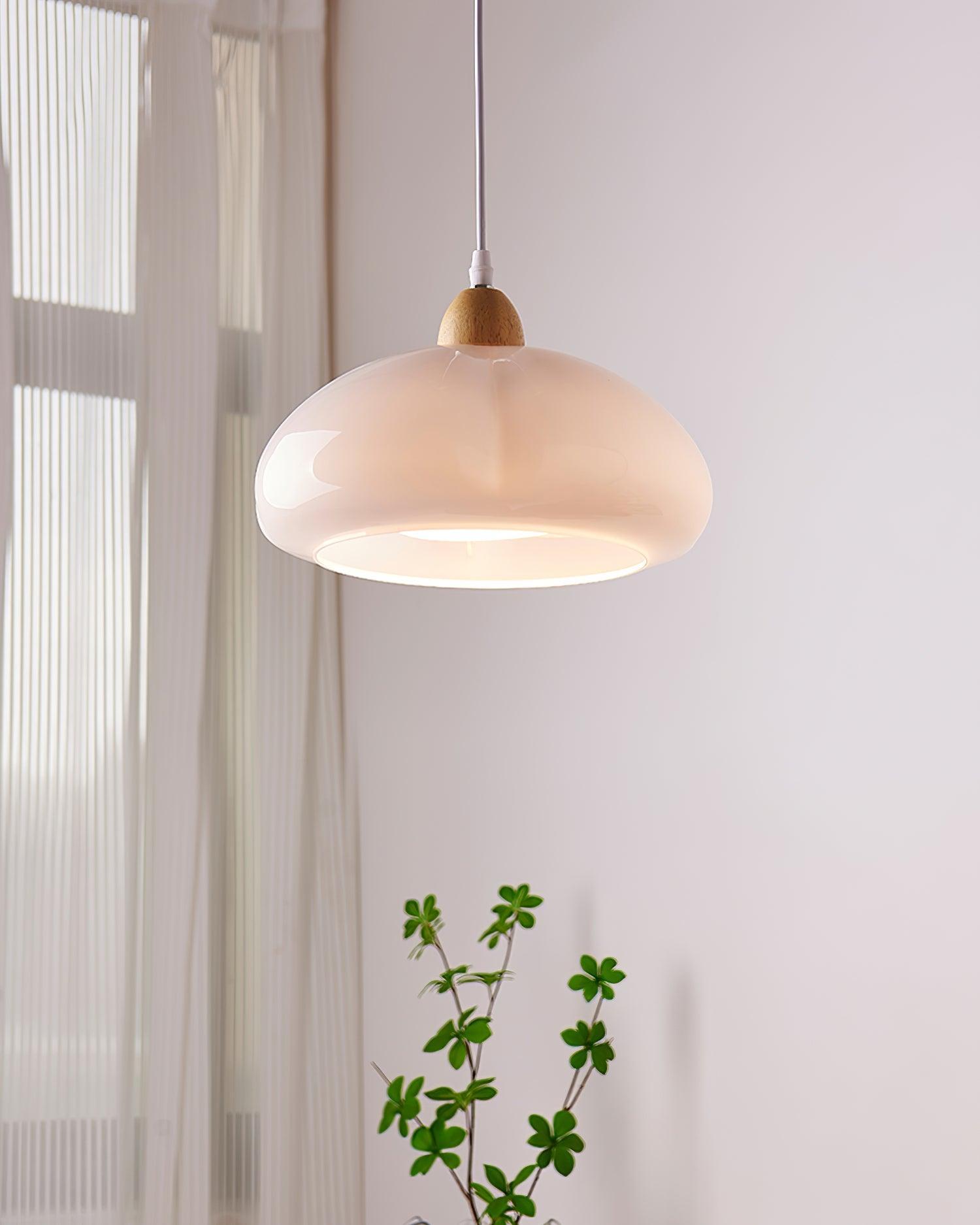 Pendant Lamp Rounded Glass Shade Wood Accent Playful Modern Touch - Neutralighting