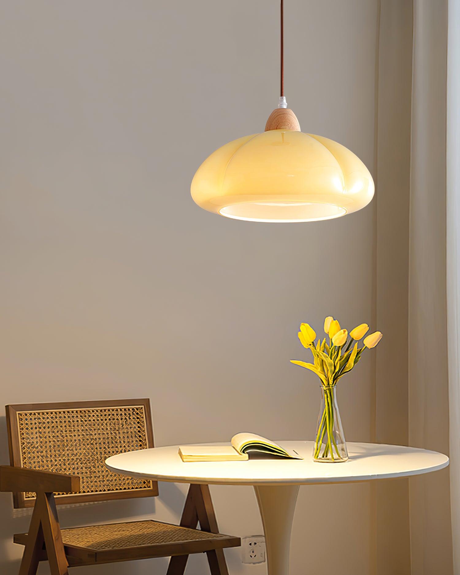 Pendant Lamp Rounded Glass Shade Wood Accent Playful Modern Touch - Neutralighting