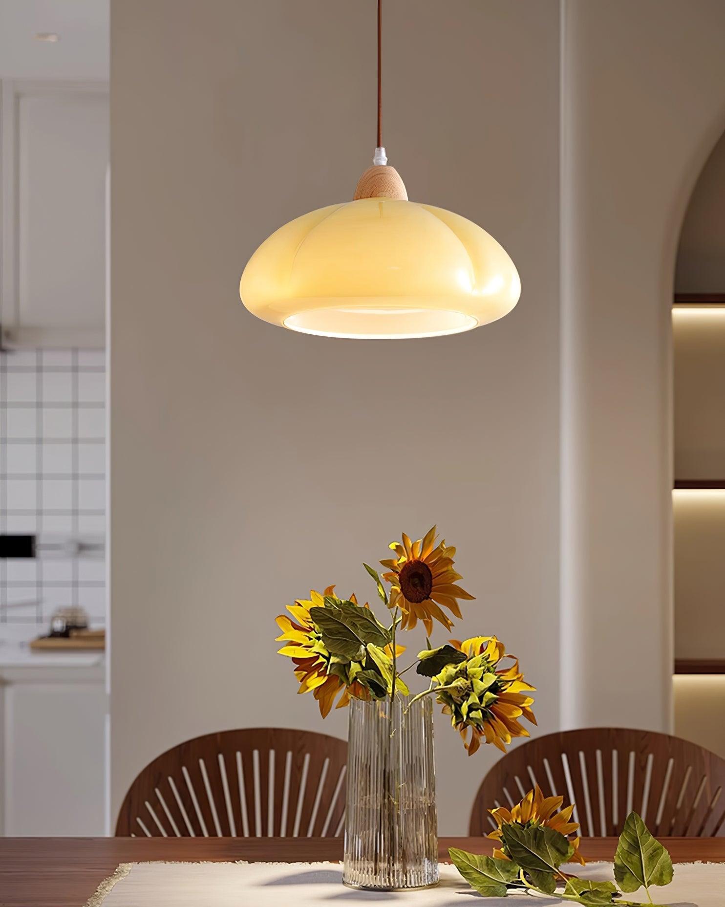 Pendant Lamp Rounded Glass Shade Wood Accent Playful Modern Touch - Neutralighting