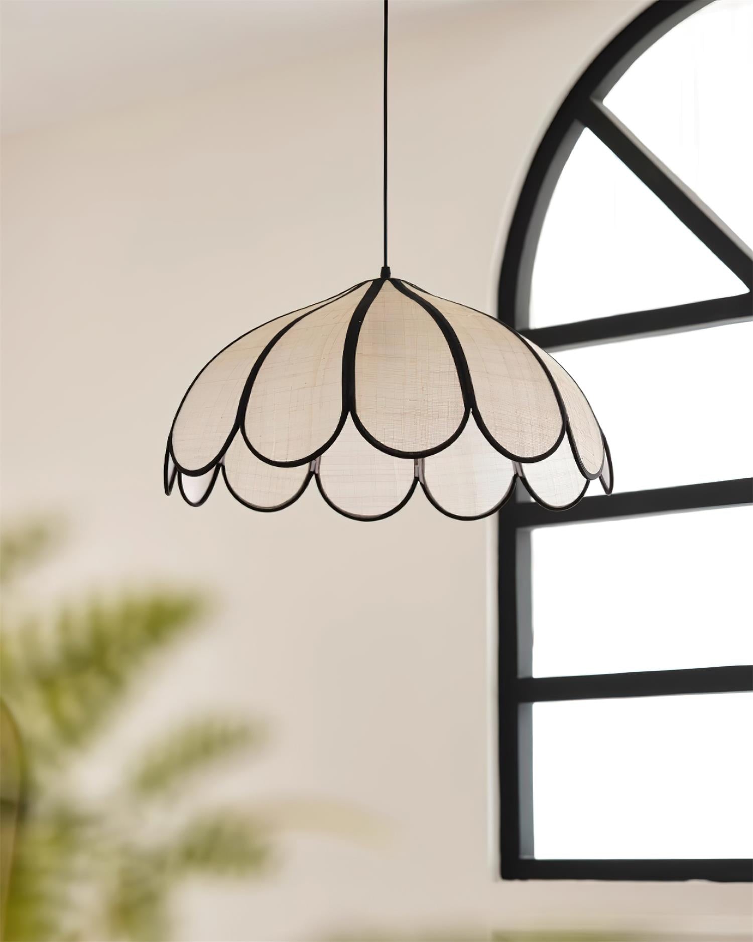 Pendant Lamp Scalloped Plant Fiber Shade Metal Frame Minimalist - Neutralighting