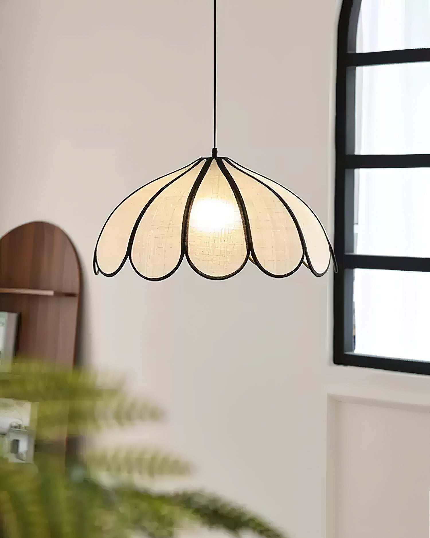 Pendant Lamp Scalloped Plant Fiber Shade Metal Frame Minimalist - Neutralighting