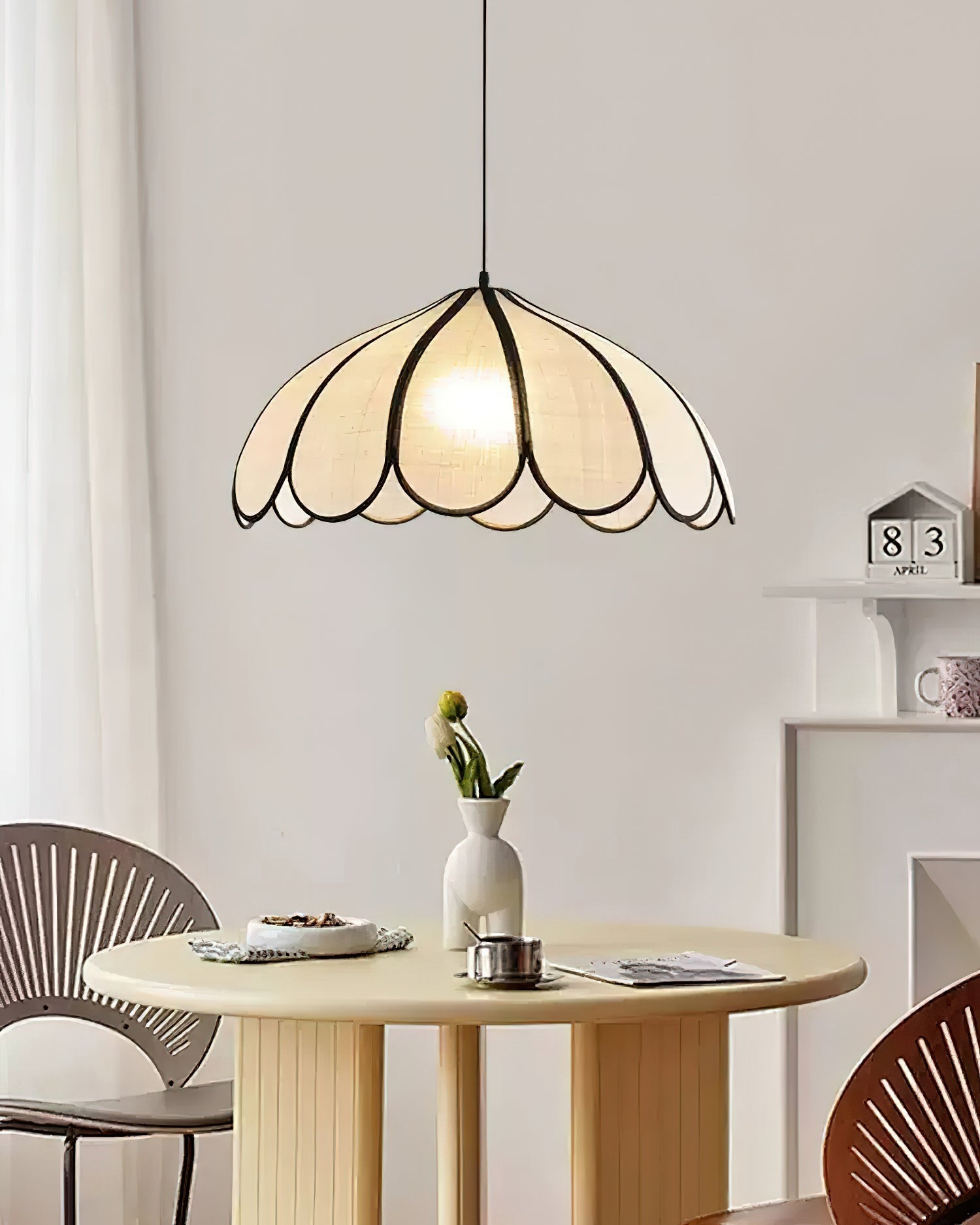 Pendant Lamp Scalloped Plant Fiber Shade Metal Frame Minimalist - Neutralighting