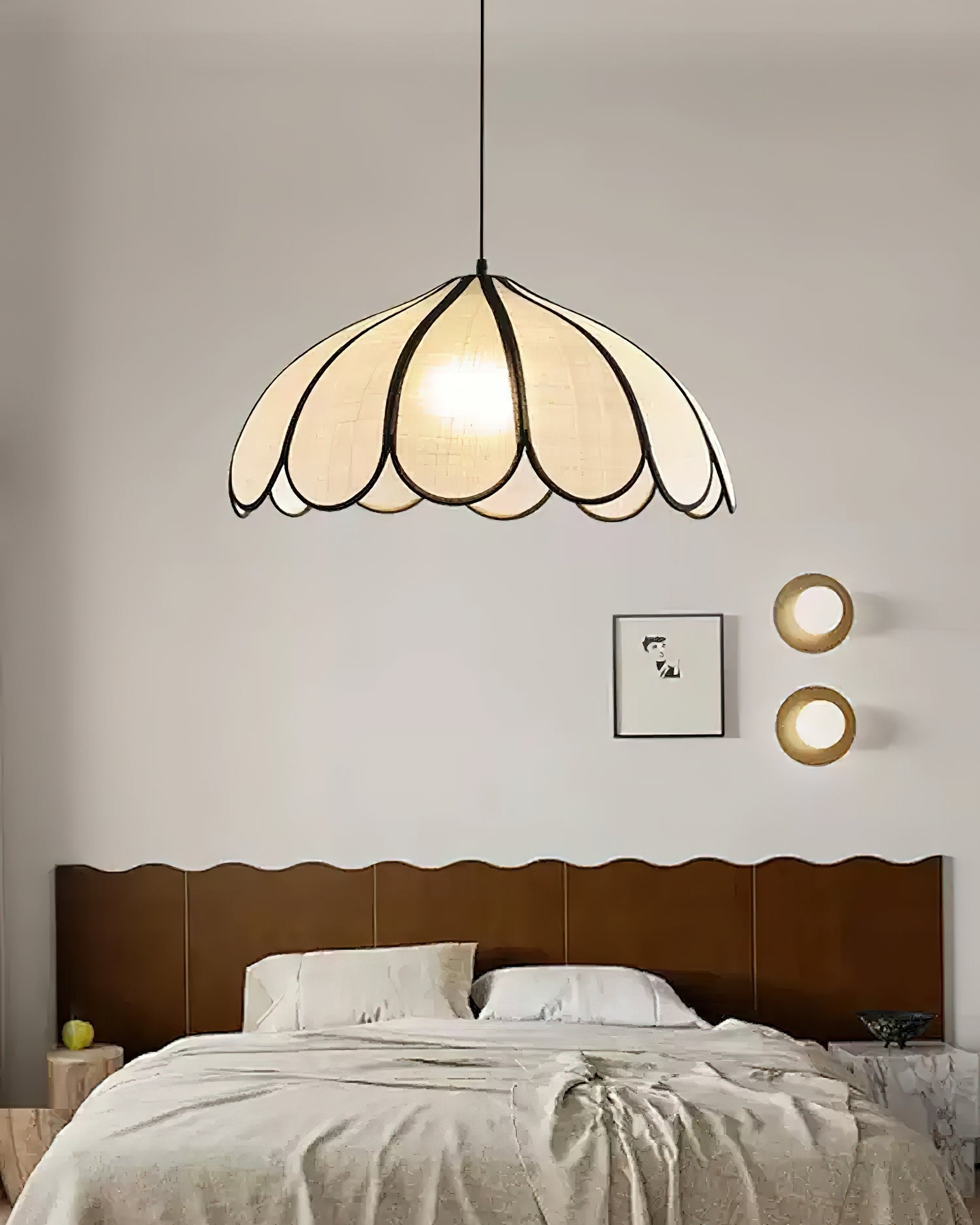 Pendant Lamp Scalloped Plant Fiber Shade Metal Frame Minimalist - Neutralighting