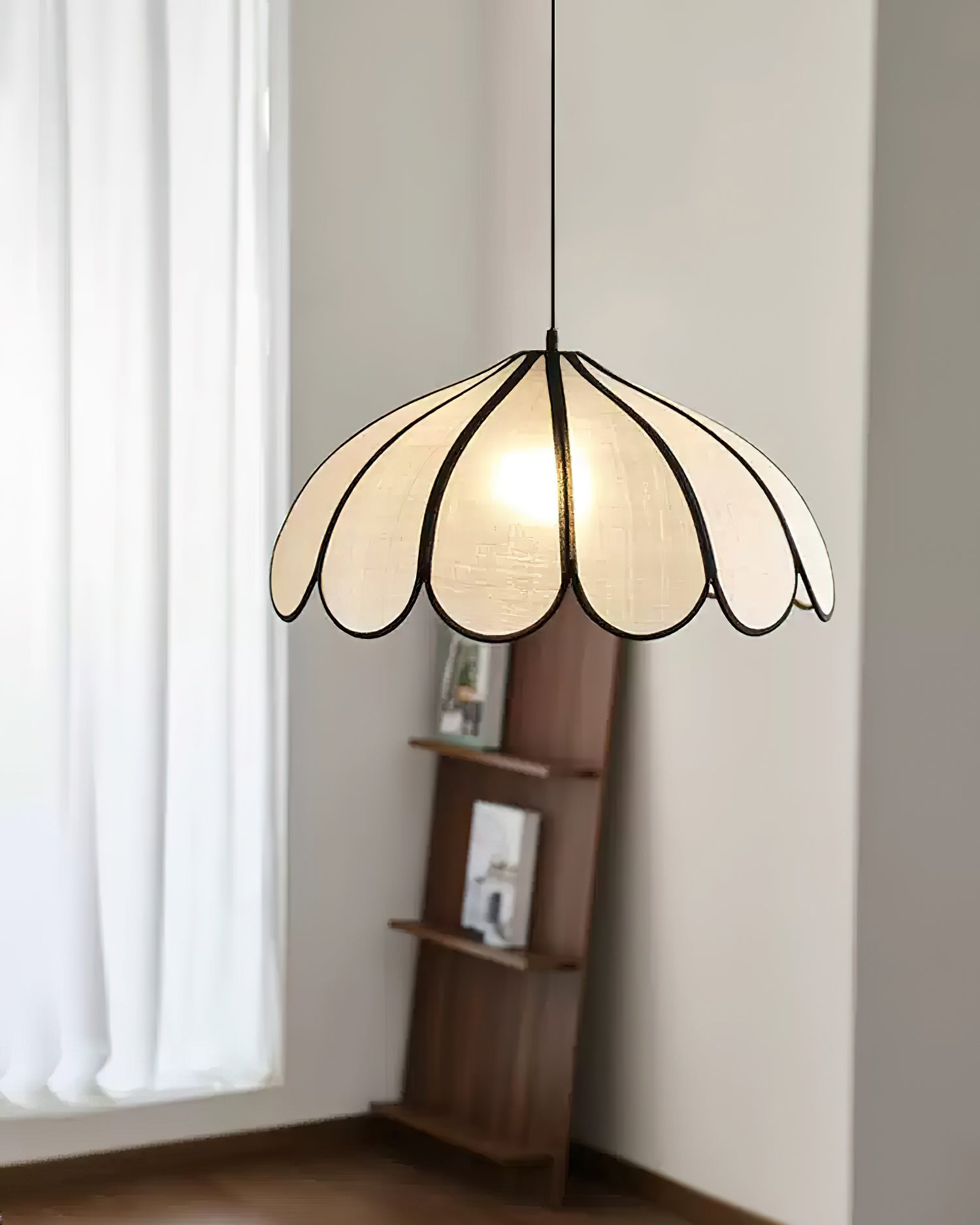 Pendant Lamp Scalloped Plant Fiber Shade Metal Frame Minimalist - Neutralighting