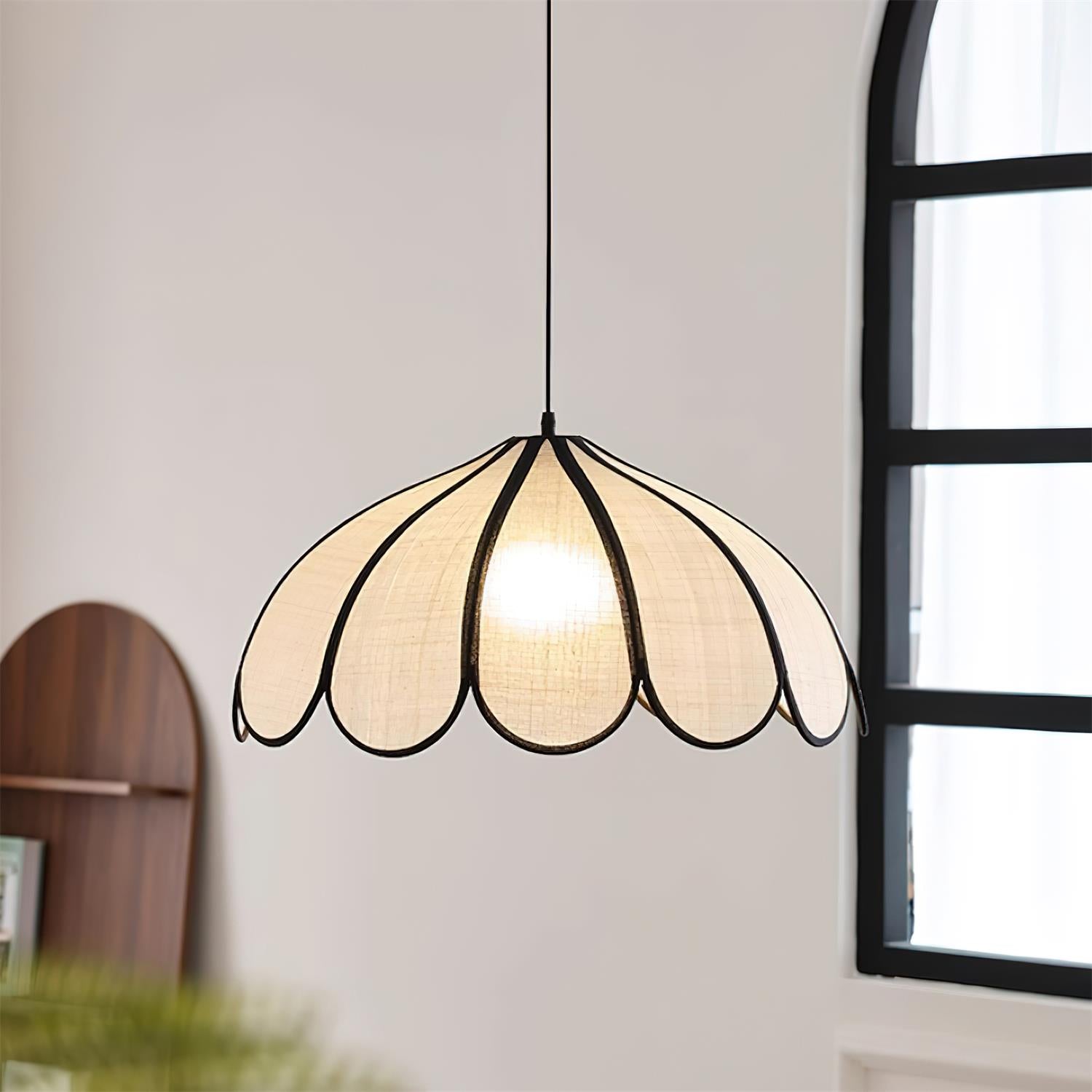 Pendant Lamp Scalloped Plant Fiber Shade Metal Frame Minimalist - Neutralighting