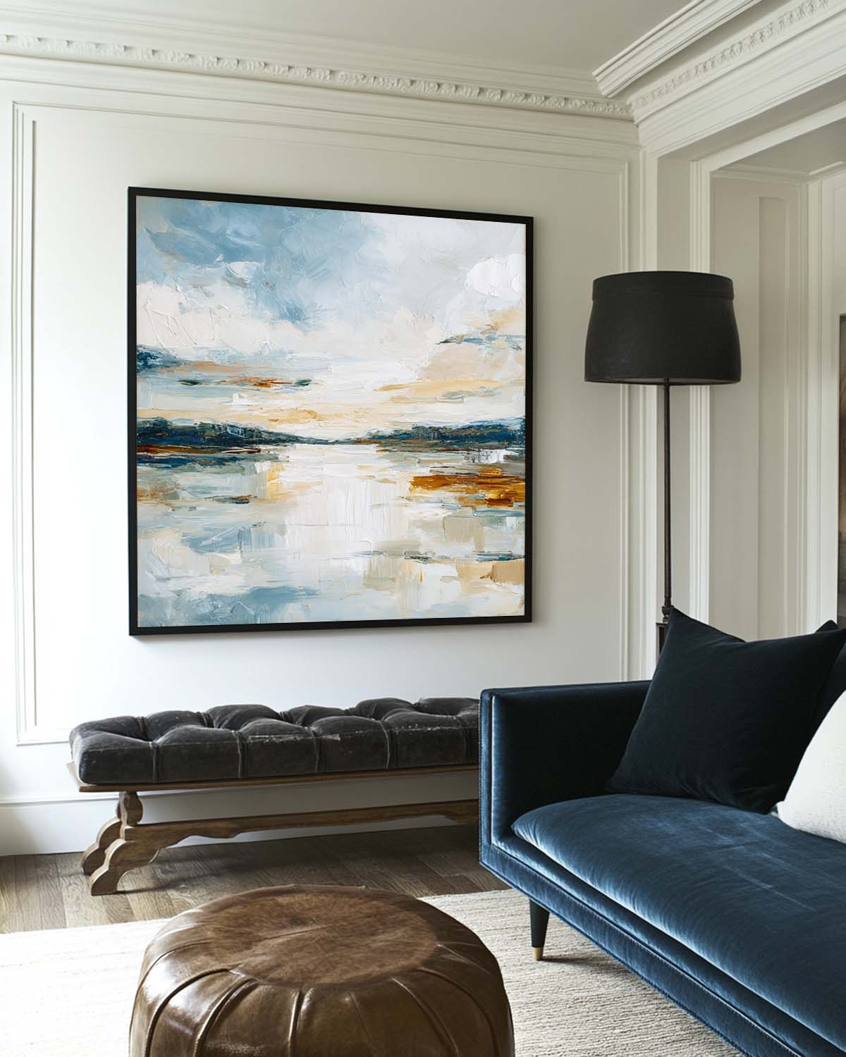 Blue‑White‑Ochre Vertical Abstract Coastal Impasto Textured Artwork