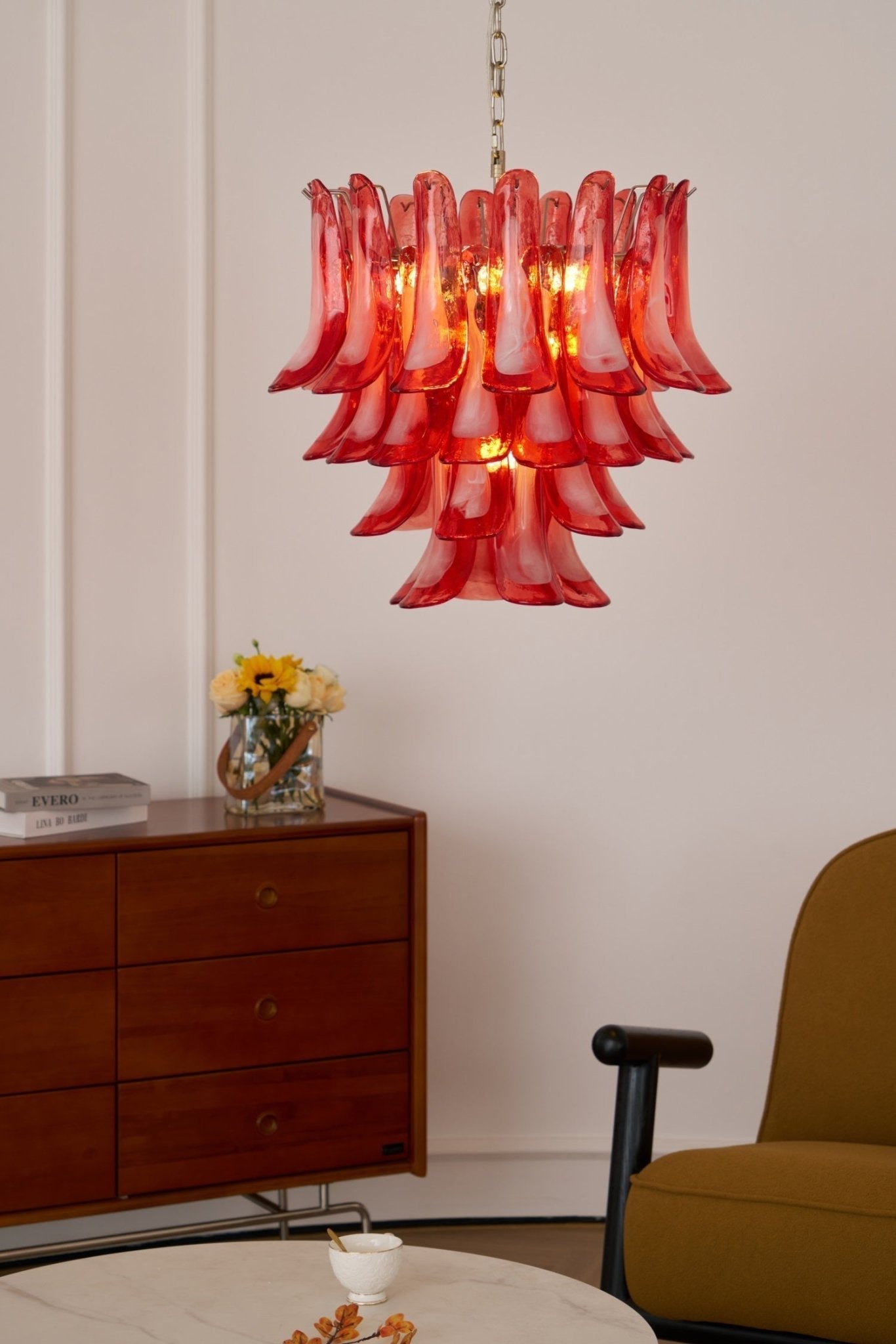 Aurora Chandelier Crimson Murano Glass Petals Layered Vintage