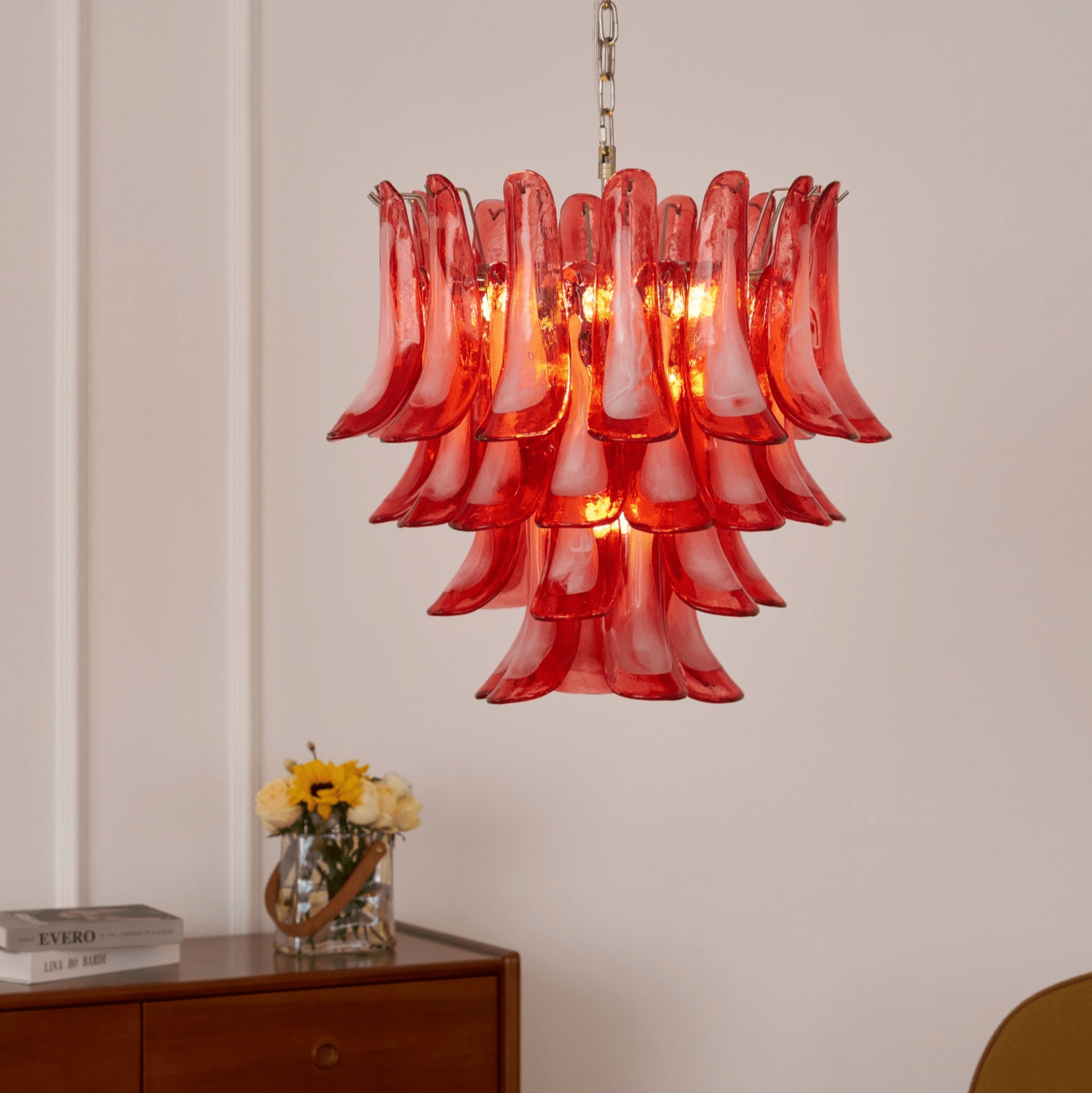 Aurora Chandelier Crimson Murano Glass Petals Layered Vintage