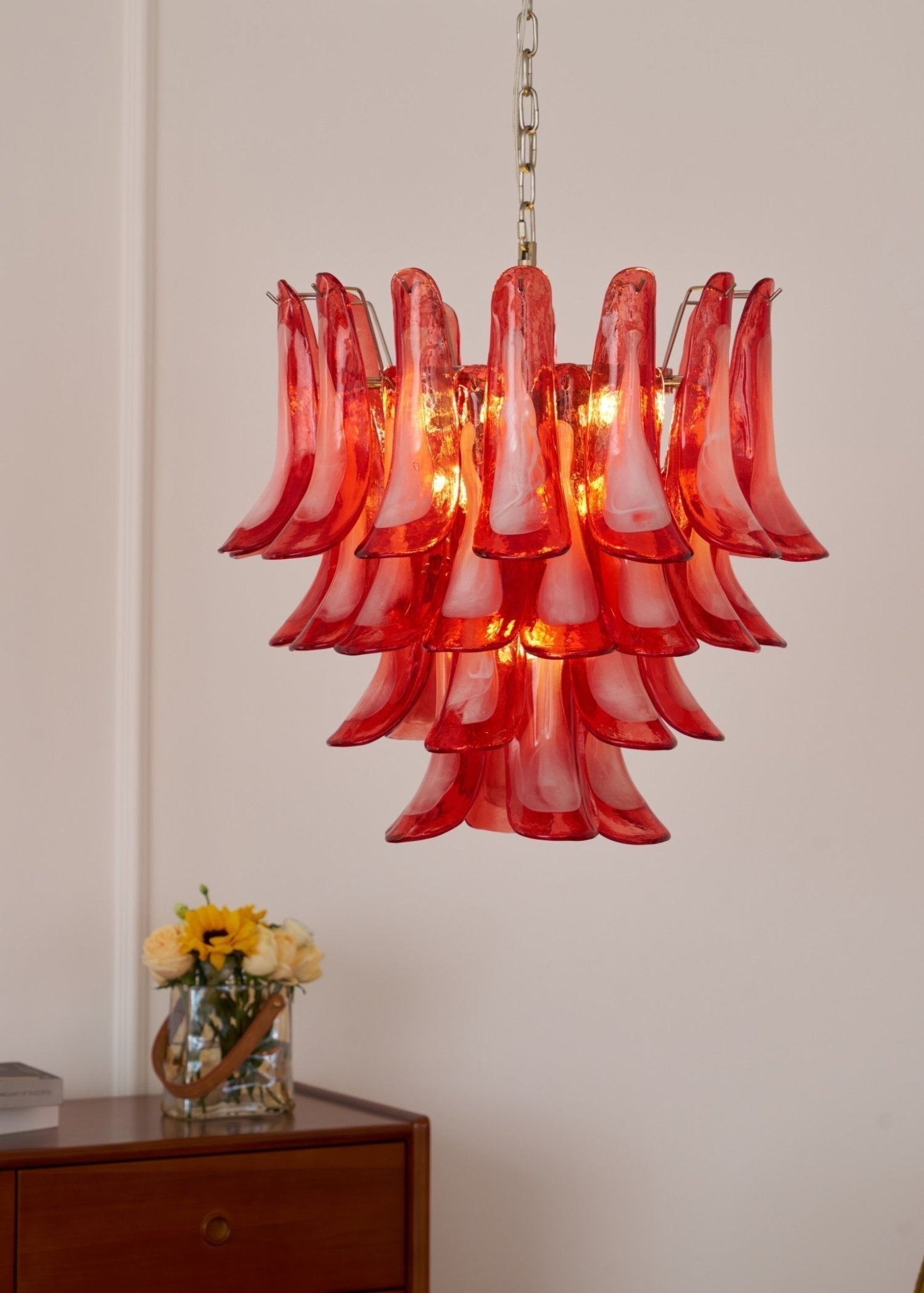 Aurora Chandelier Crimson Murano Glass Petals Layered Vintage