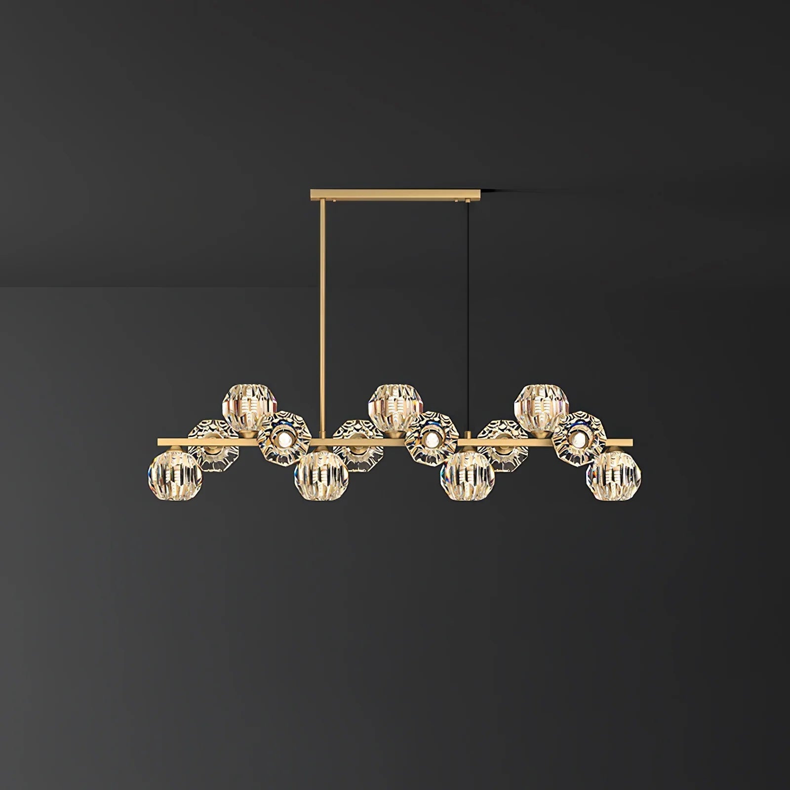 Valentina Modern LED Long Linear Metal Brass Multi Crystal Glass Globe Living/Dining Room Pendant Light - Neutralighting