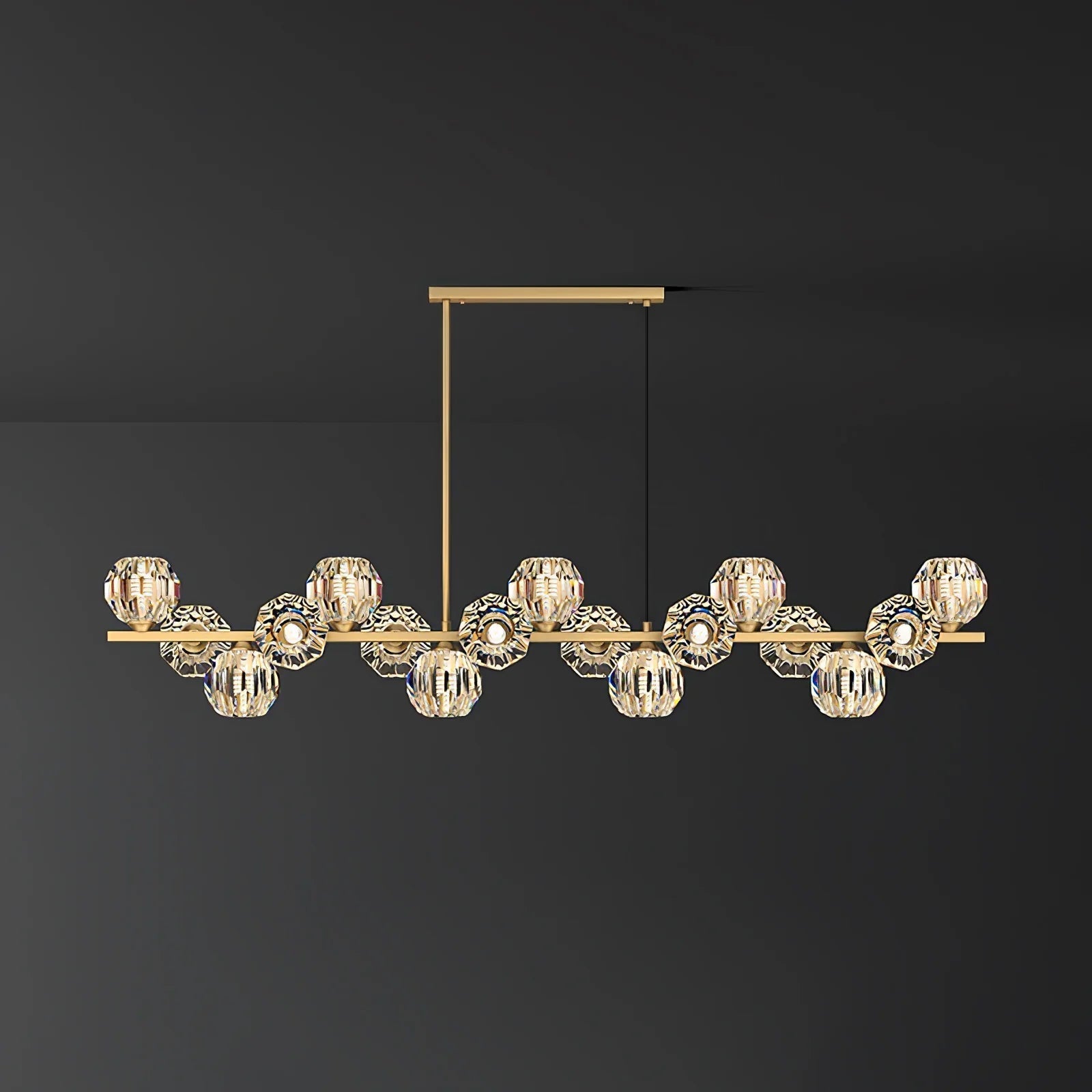 Valentina Modern LED Long Linear Metal Brass Multi Crystal Glass Globe Living/Dining Room Pendant Light - Neutralighting