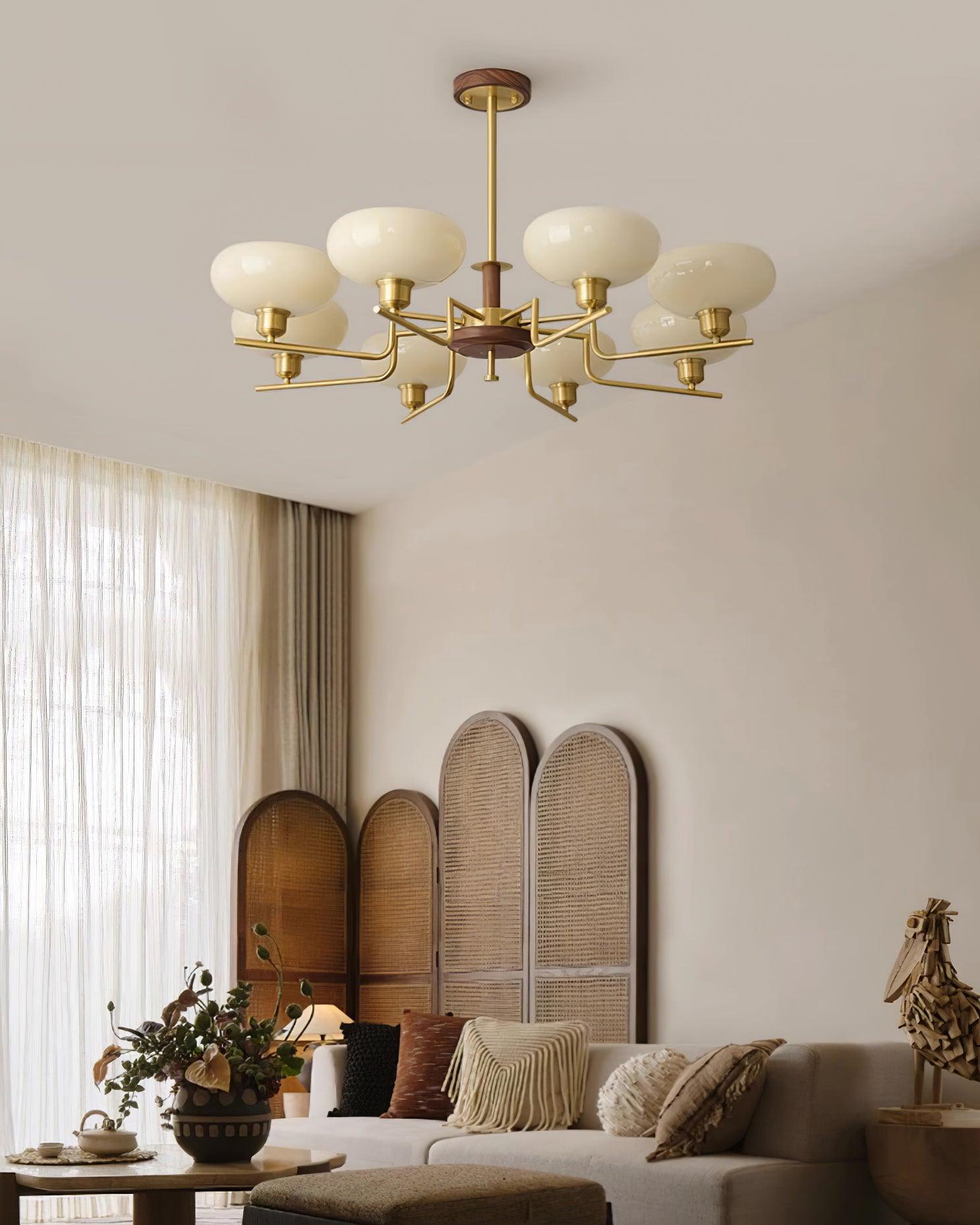 Chandelier Wood & Brass Frame Glass Shades Medieval Ambience - Neutralighting
