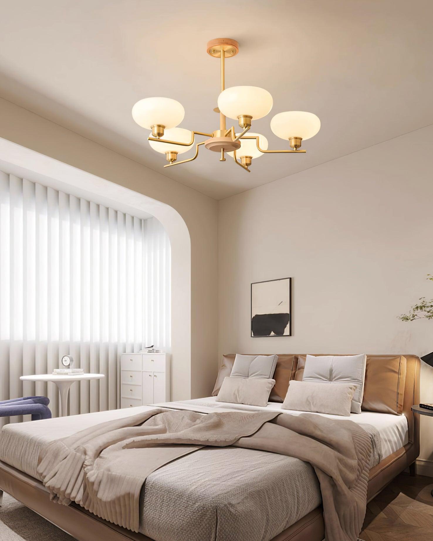 Chandelier Wood & Brass Frame Glass Shades Medieval Ambience - Neutralighting