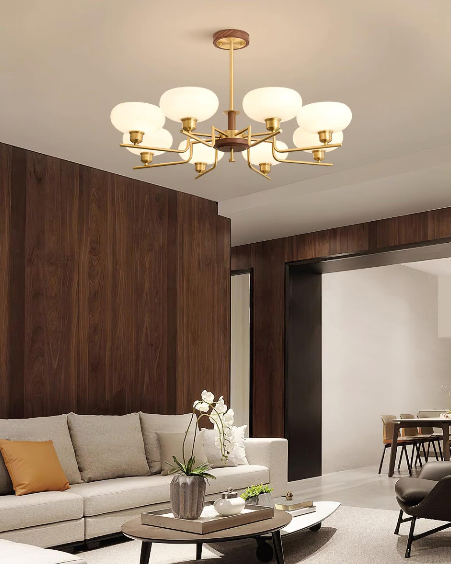 Chandelier Wood & Brass Frame Glass Shades Medieval Ambience - Neutralighting
