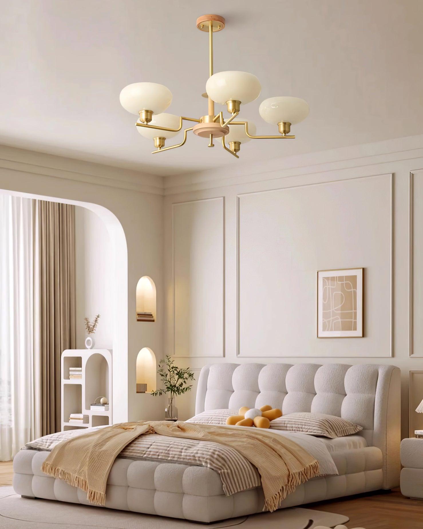 Chandelier Wood & Brass Frame Glass Shades Medieval Ambience - Neutralighting