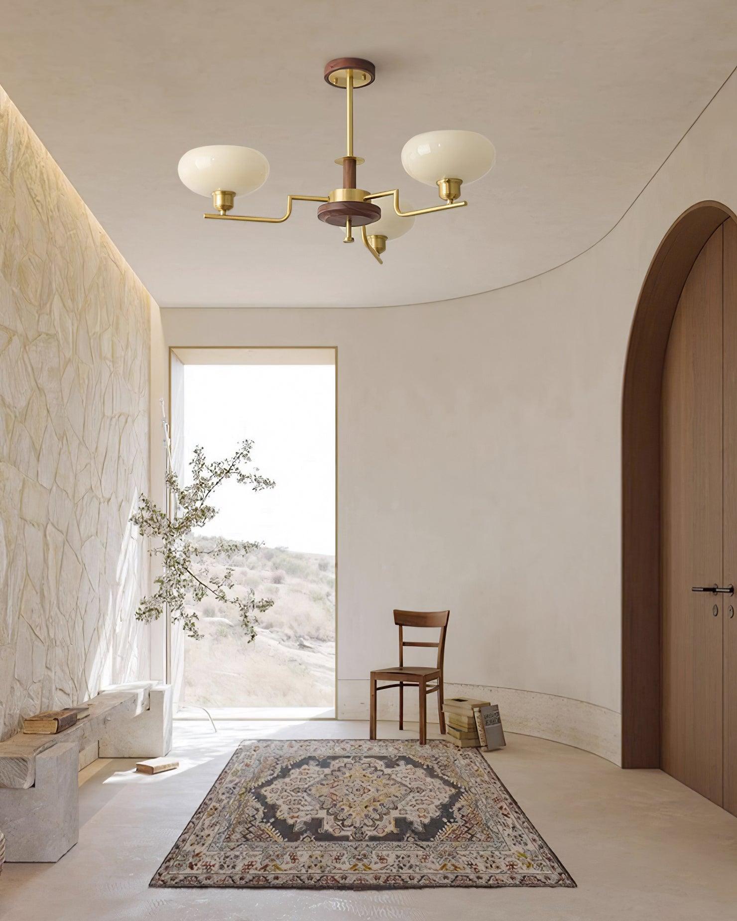 Chandelier Wood & Brass Frame Glass Shades Medieval Ambience - Neutralighting