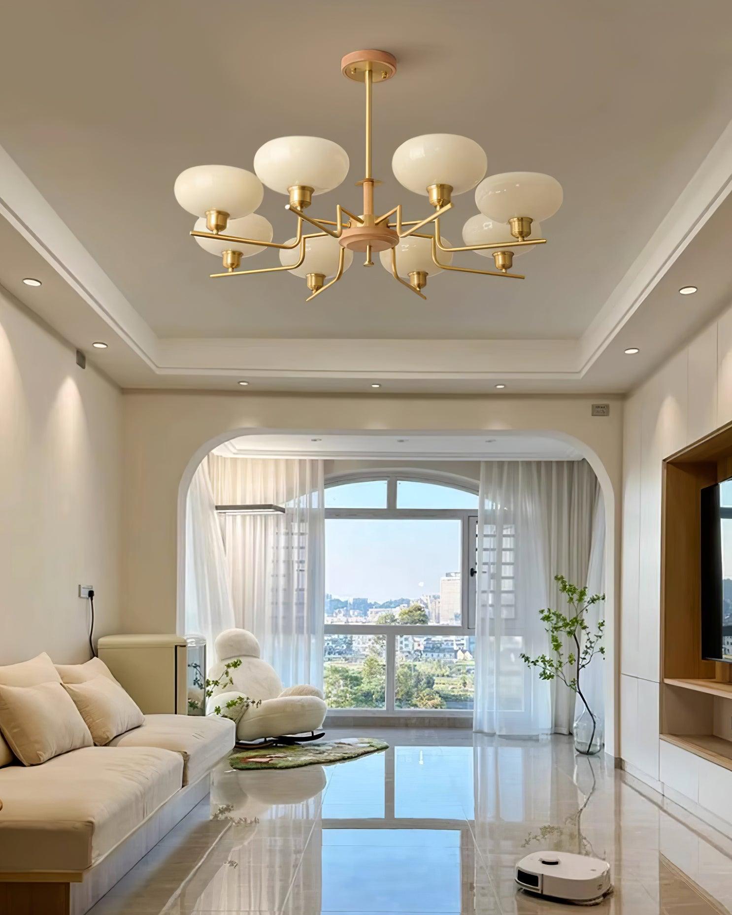 Chandelier Wood & Brass Frame Glass Shades Medieval Ambience - Neutralighting