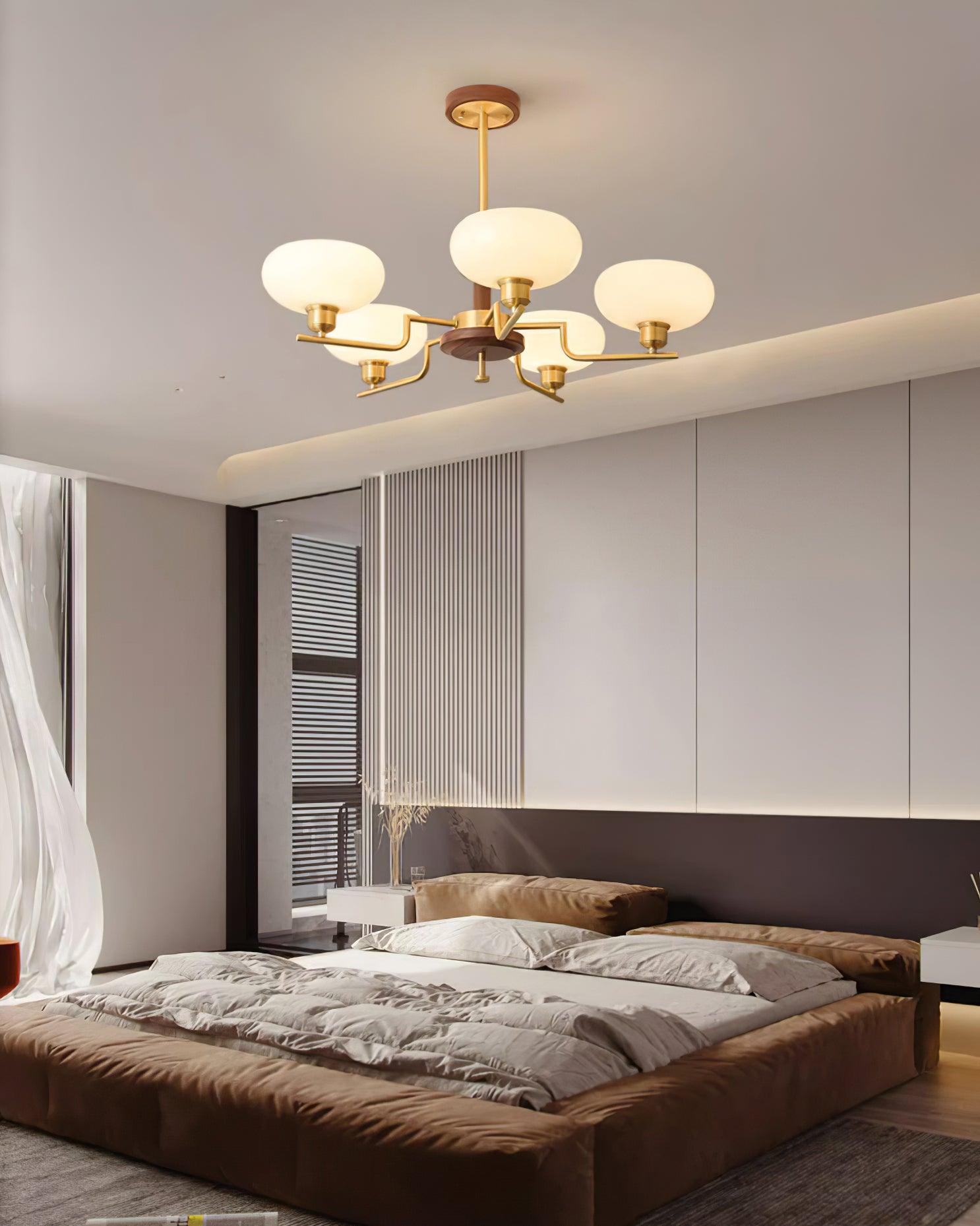 Chandelier Wood & Brass Frame Glass Shades Medieval Ambience - Neutralighting