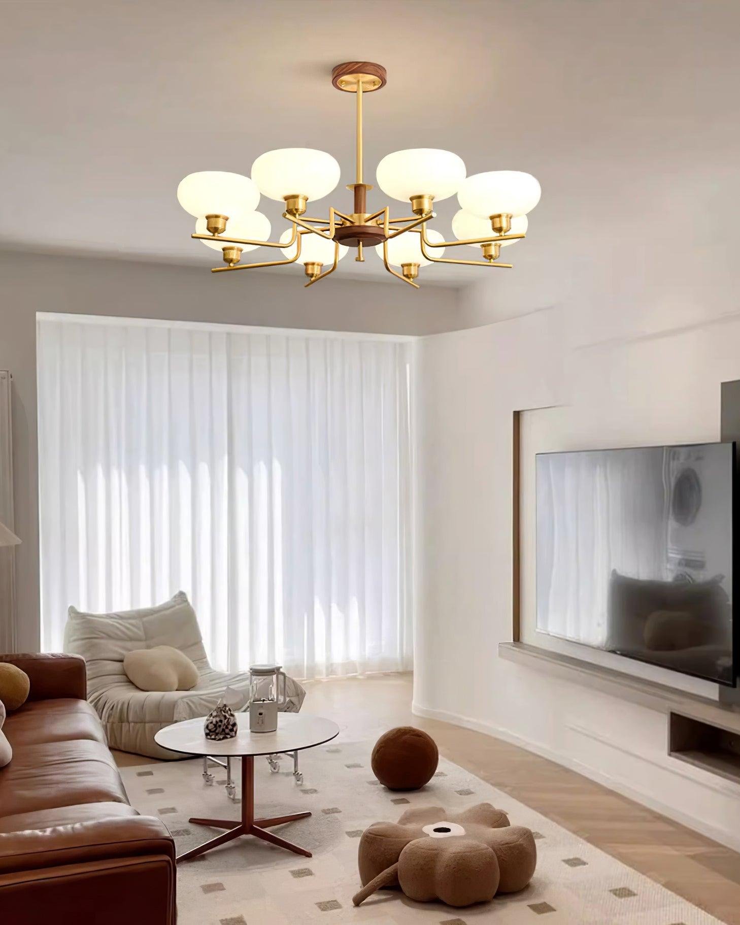 Chandelier Wood & Brass Frame Glass Shades Medieval Ambience - Neutralighting