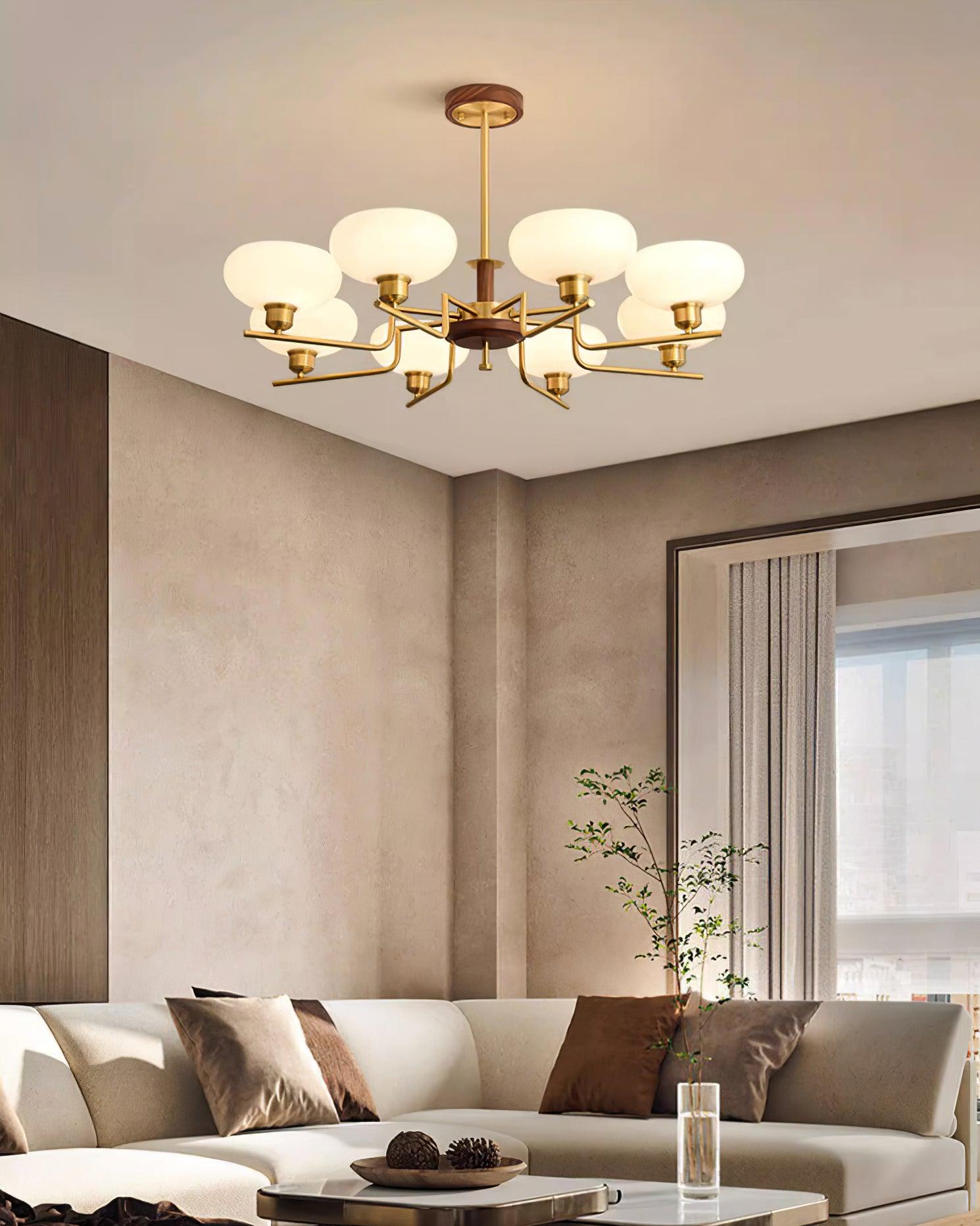 Chandelier Wood & Brass Frame Glass Shades Medieval Ambience - Neutralighting