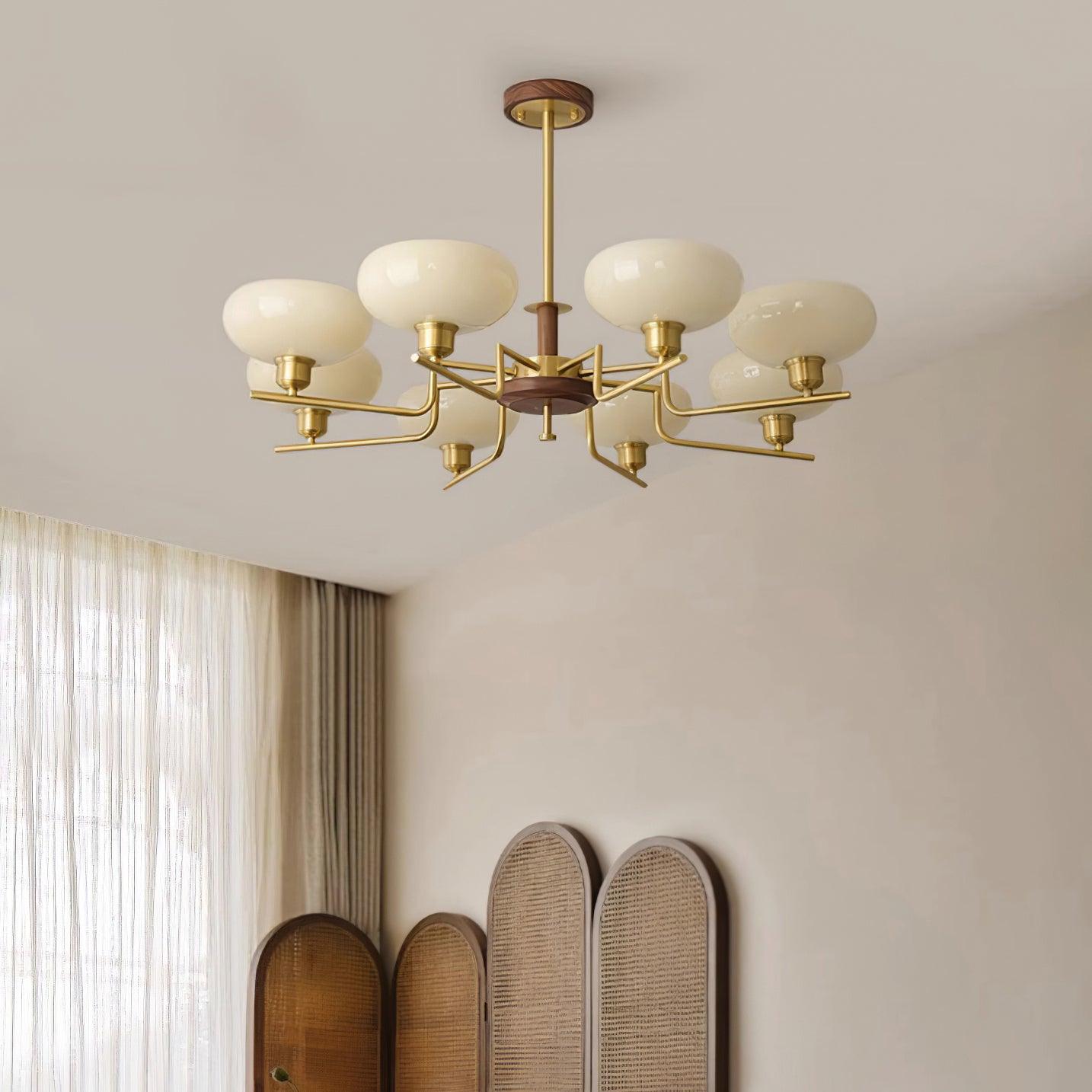 Chandelier Wood & Brass Frame Glass Shades Medieval Ambience - Neutralighting