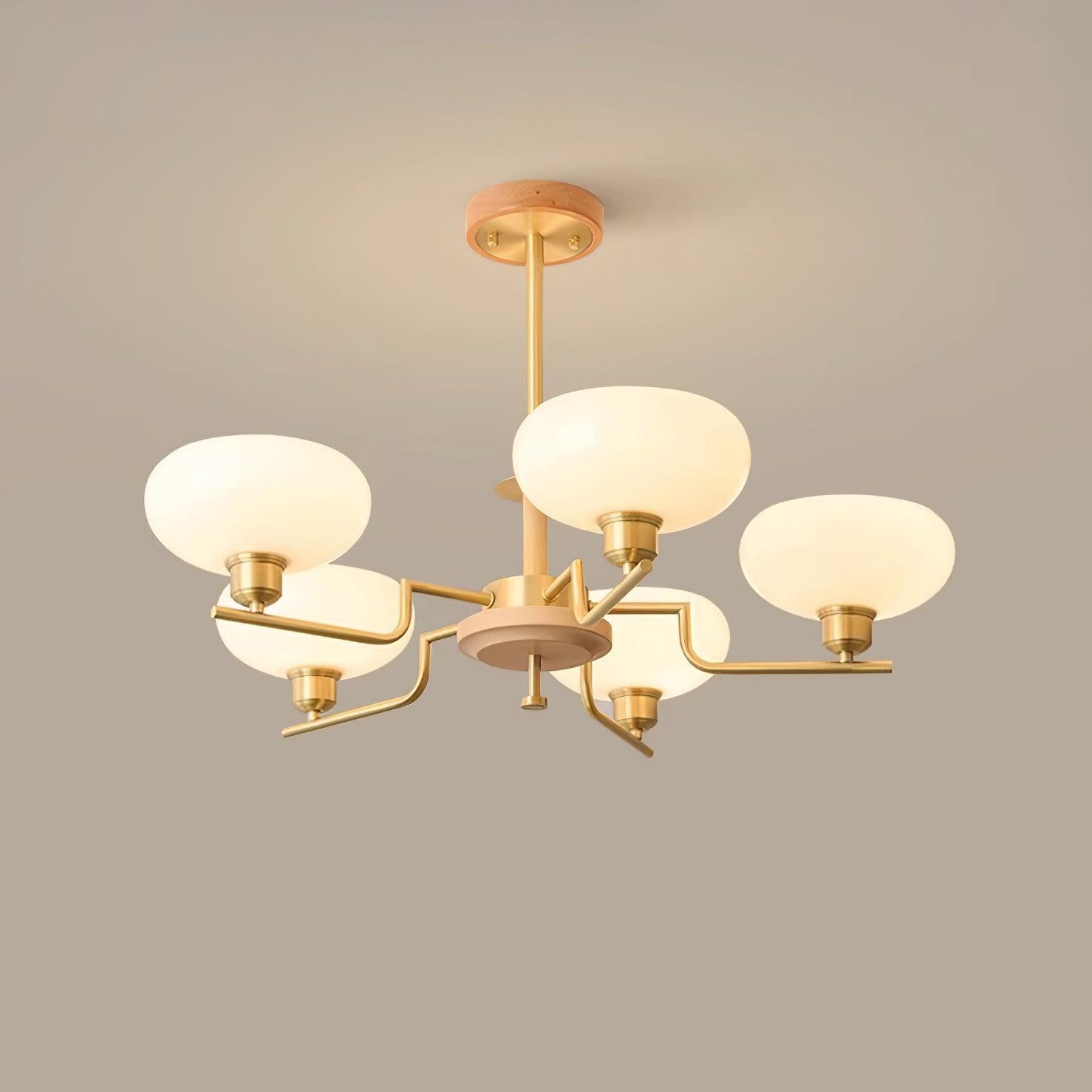 Chandelier Wood & Brass Frame Glass Shades Medieval Ambience - Neutralighting