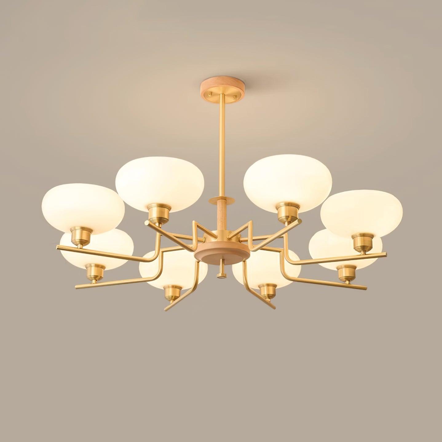 Chandelier Wood & Brass Frame Glass Shades Medieval Ambience - Neutralighting
