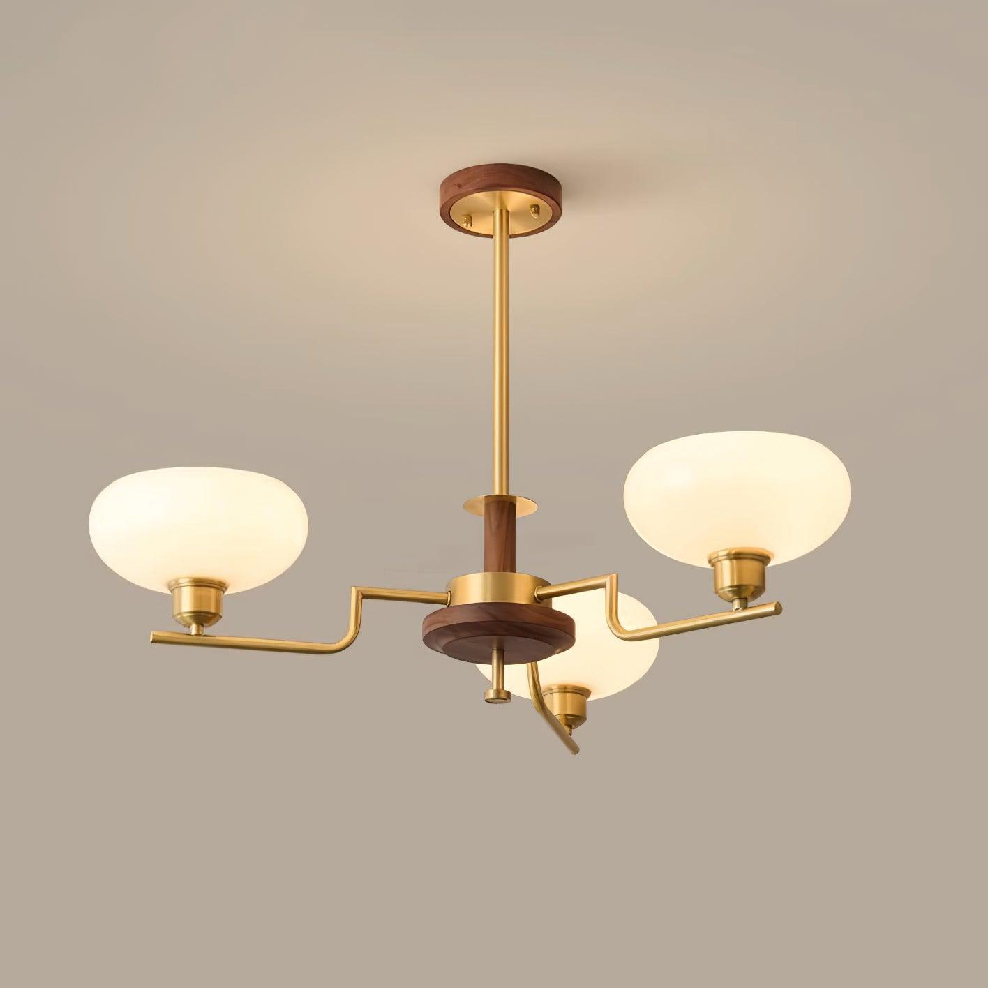 Chandelier Wood & Brass Frame Glass Shades Medieval Ambience - Neutralighting