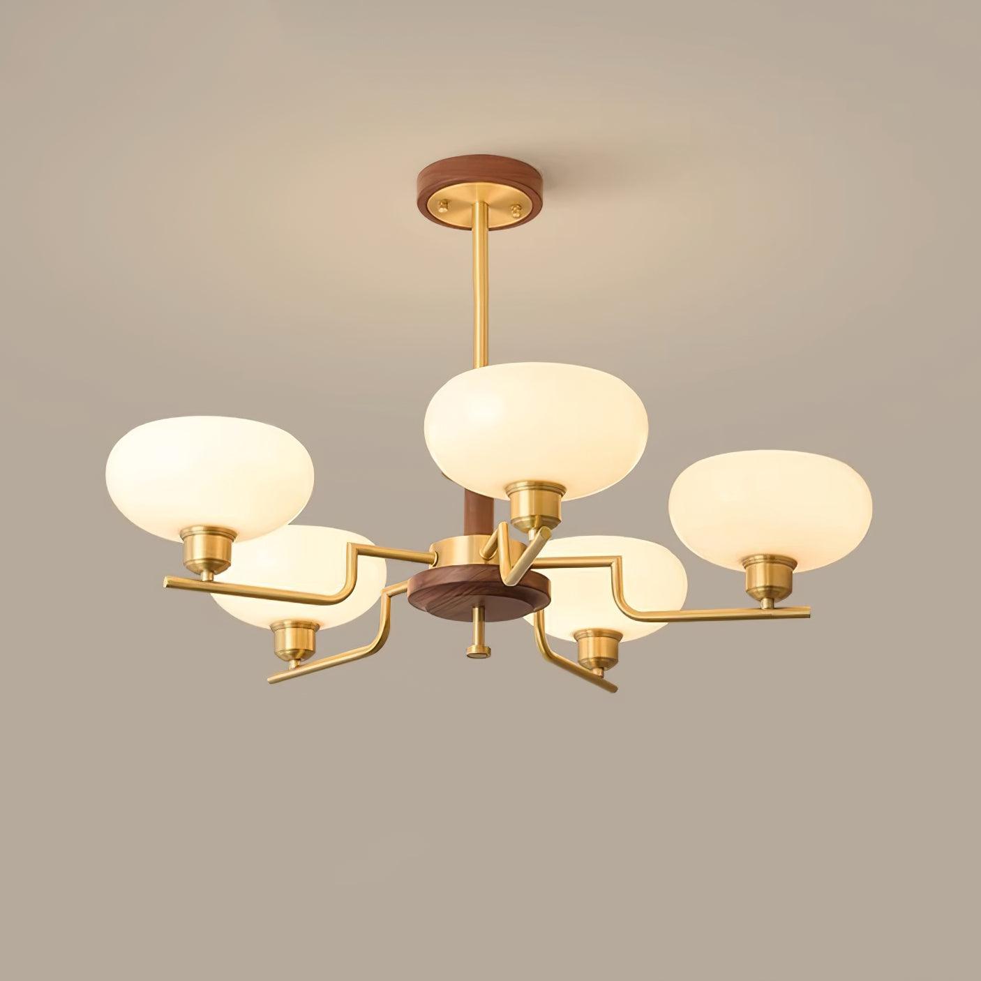 Chandelier Wood & Brass Frame Glass Shades Medieval Ambience - Neutralighting