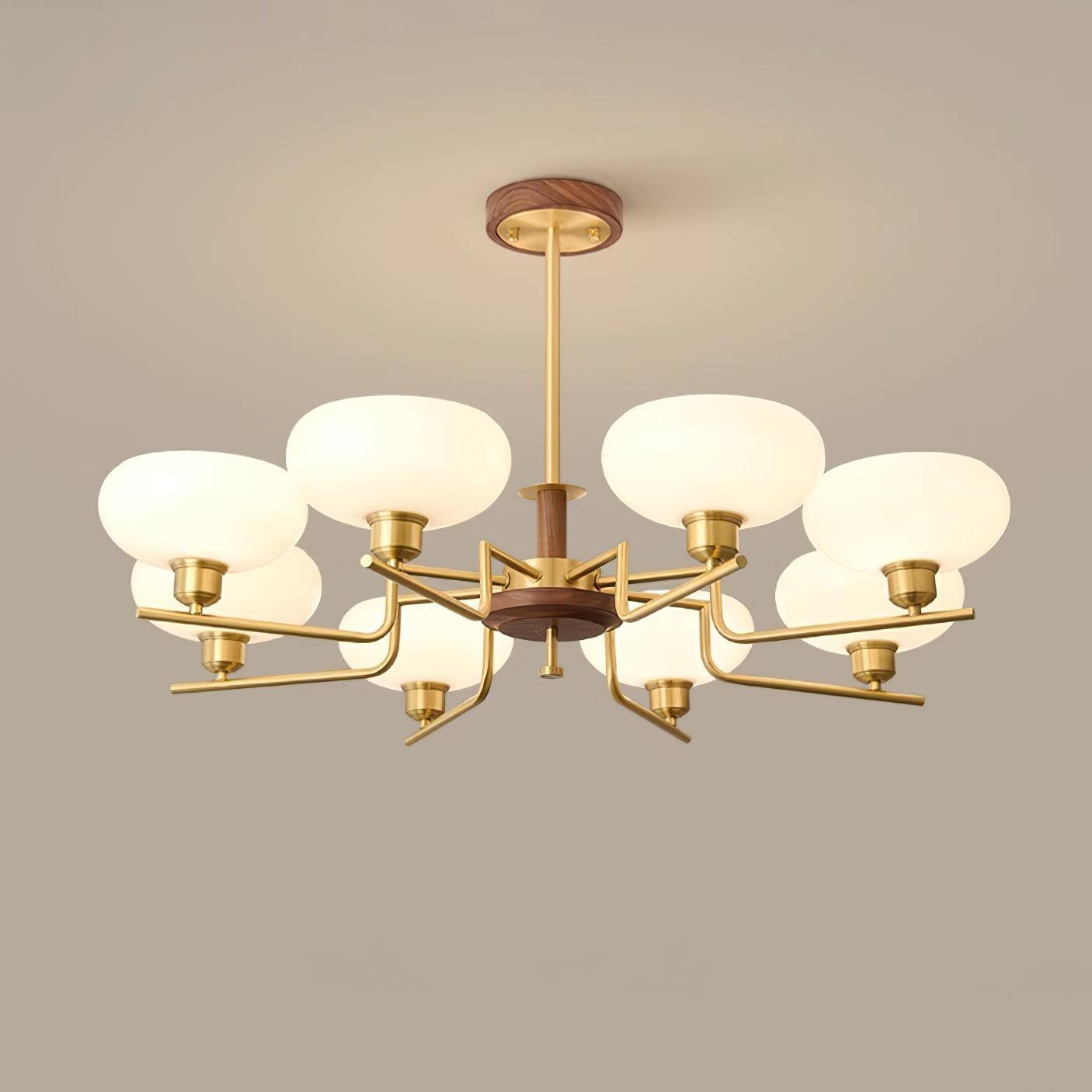 Chandelier Wood & Brass Frame Glass Shades Medieval Ambience - Neutralighting