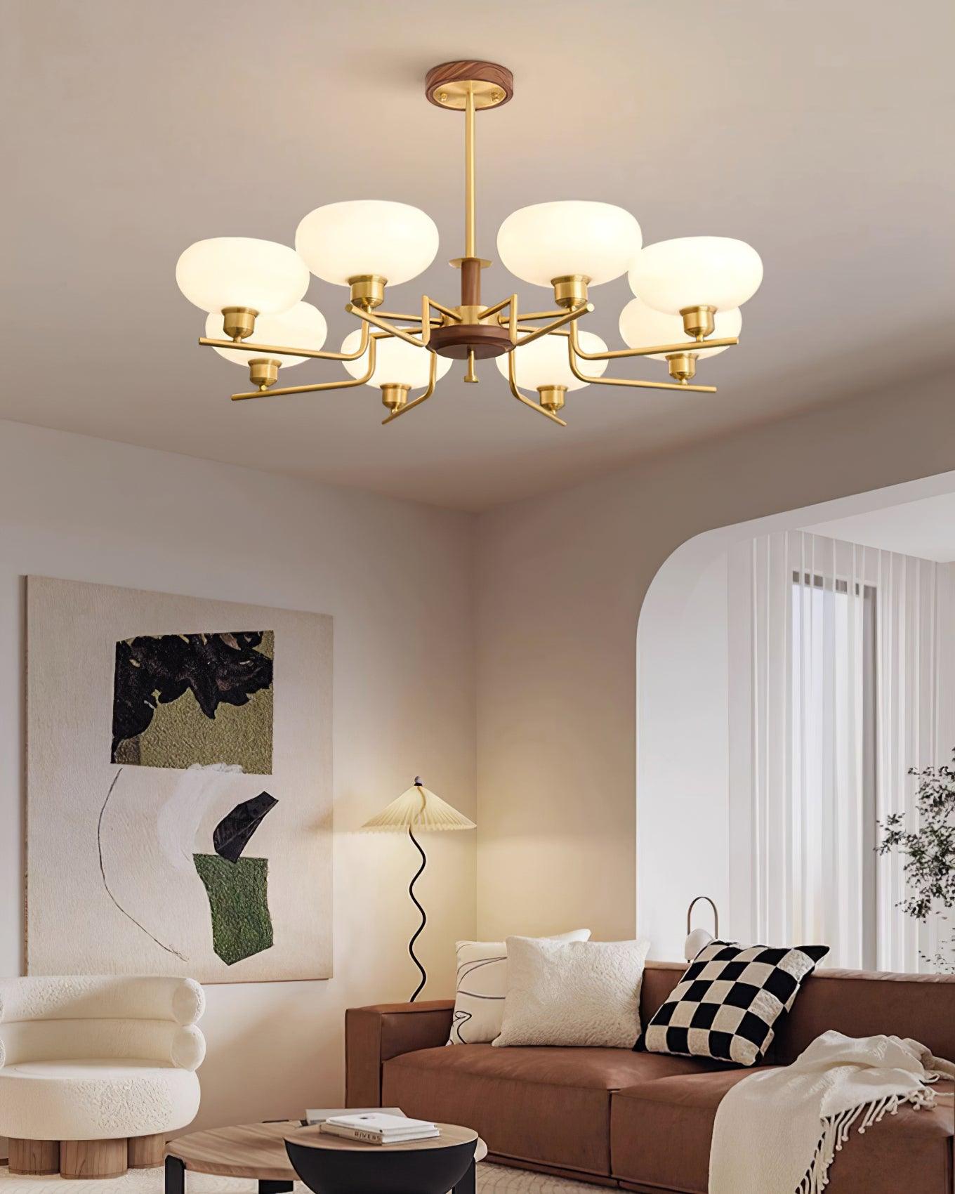 Chandelier Wood & Brass Frame Glass Shades Medieval Ambience - Neutralighting