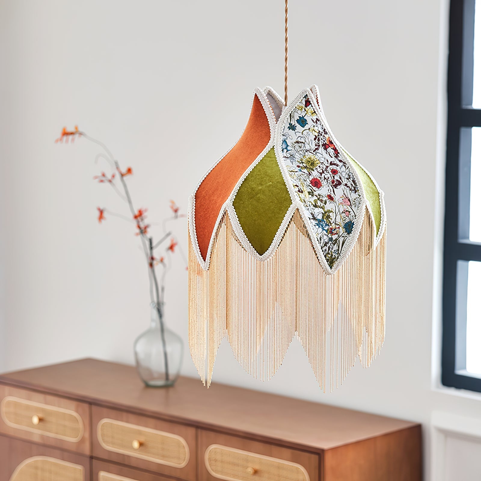 Pendant Lamp with Floral Petal Fabric Shade Fringe Bohemian - Neutralighting