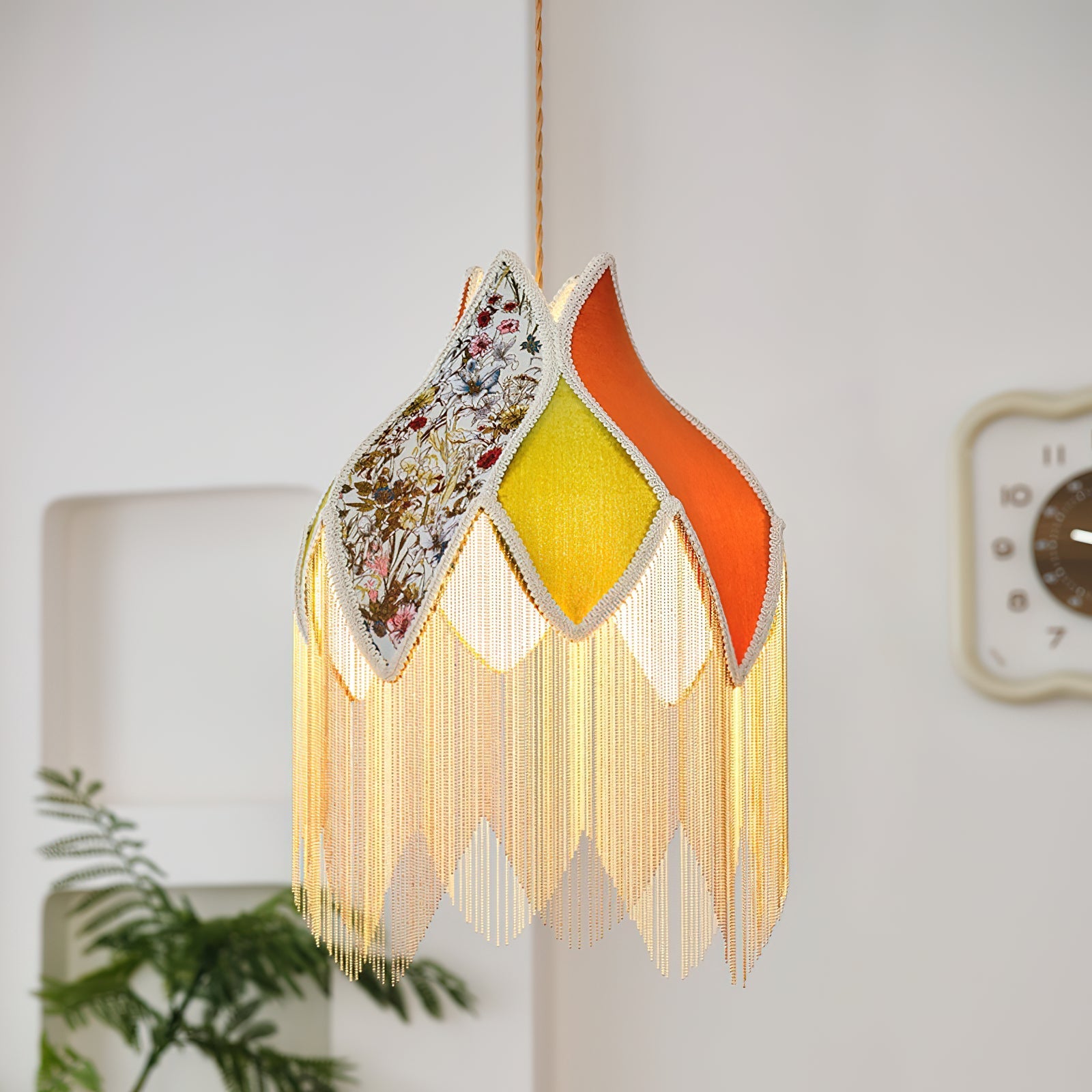 Pendant Lamp with Floral Petal Fabric Shade Fringe Bohemian - Neutralighting