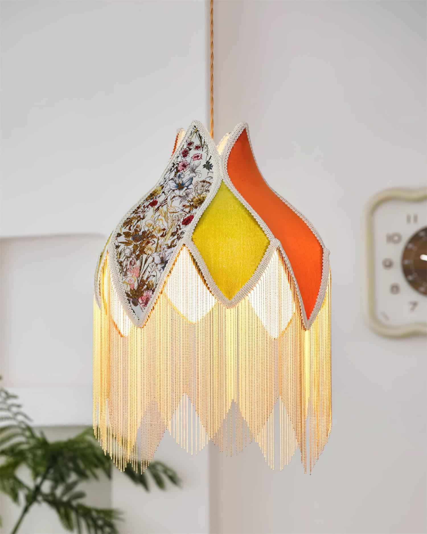 Pendant Lamp with Floral Petal Fabric Shade Fringe Bohemian - Neutralighting