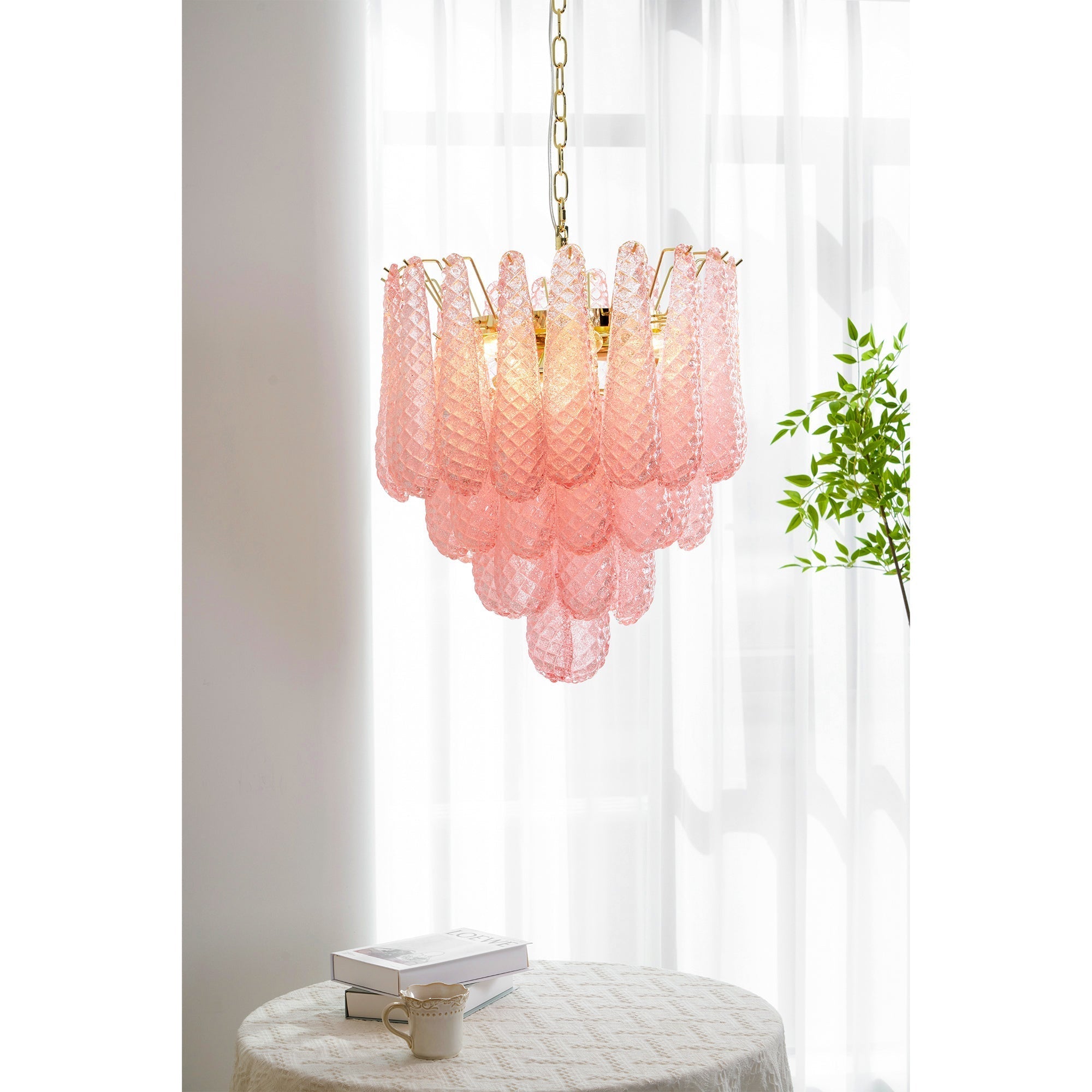 Aurora Chandelier Pink Droplet Murano Glass Diamond Pattern Waterfall