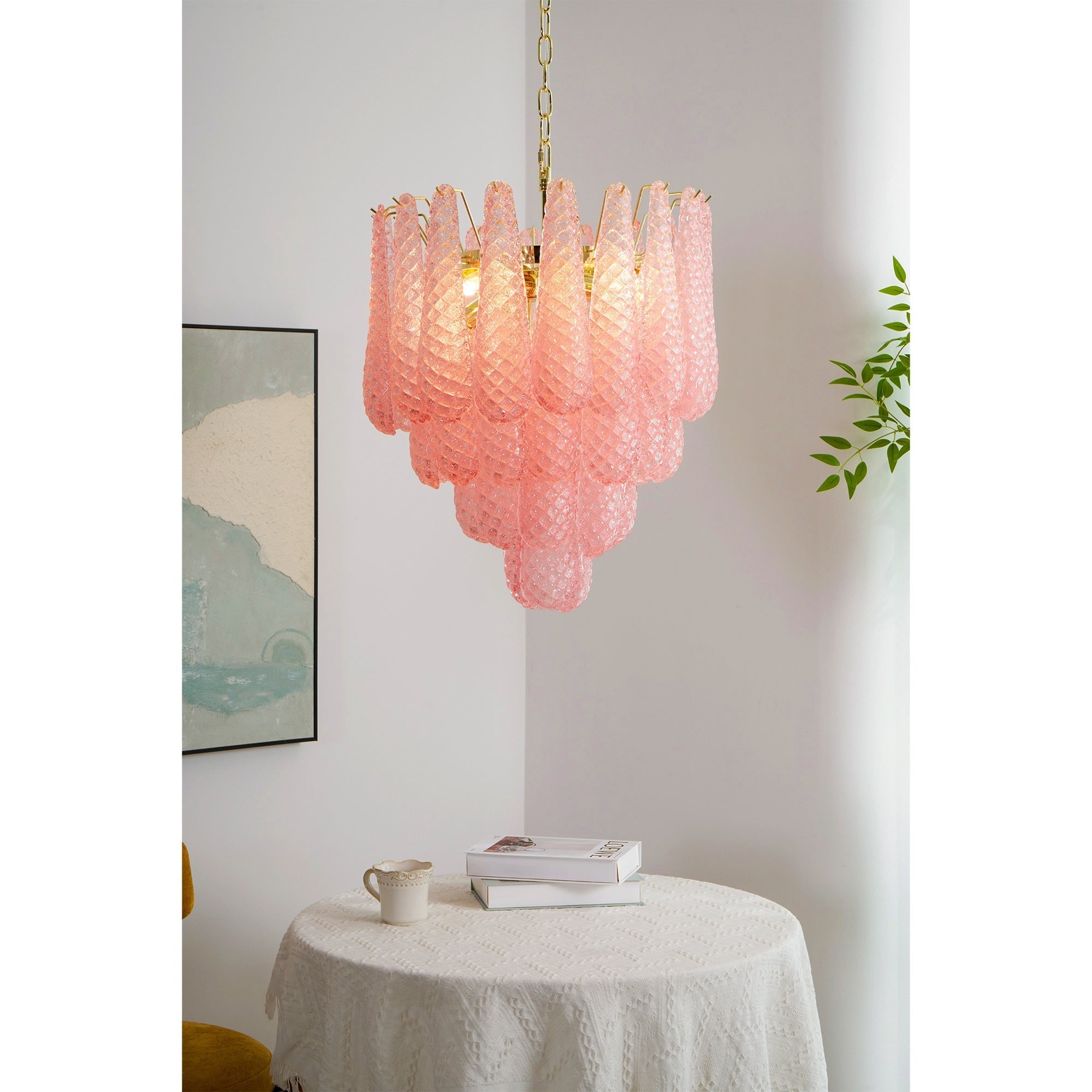 Aurora Chandelier Pink Droplet Murano Glass Diamond Pattern Waterfall